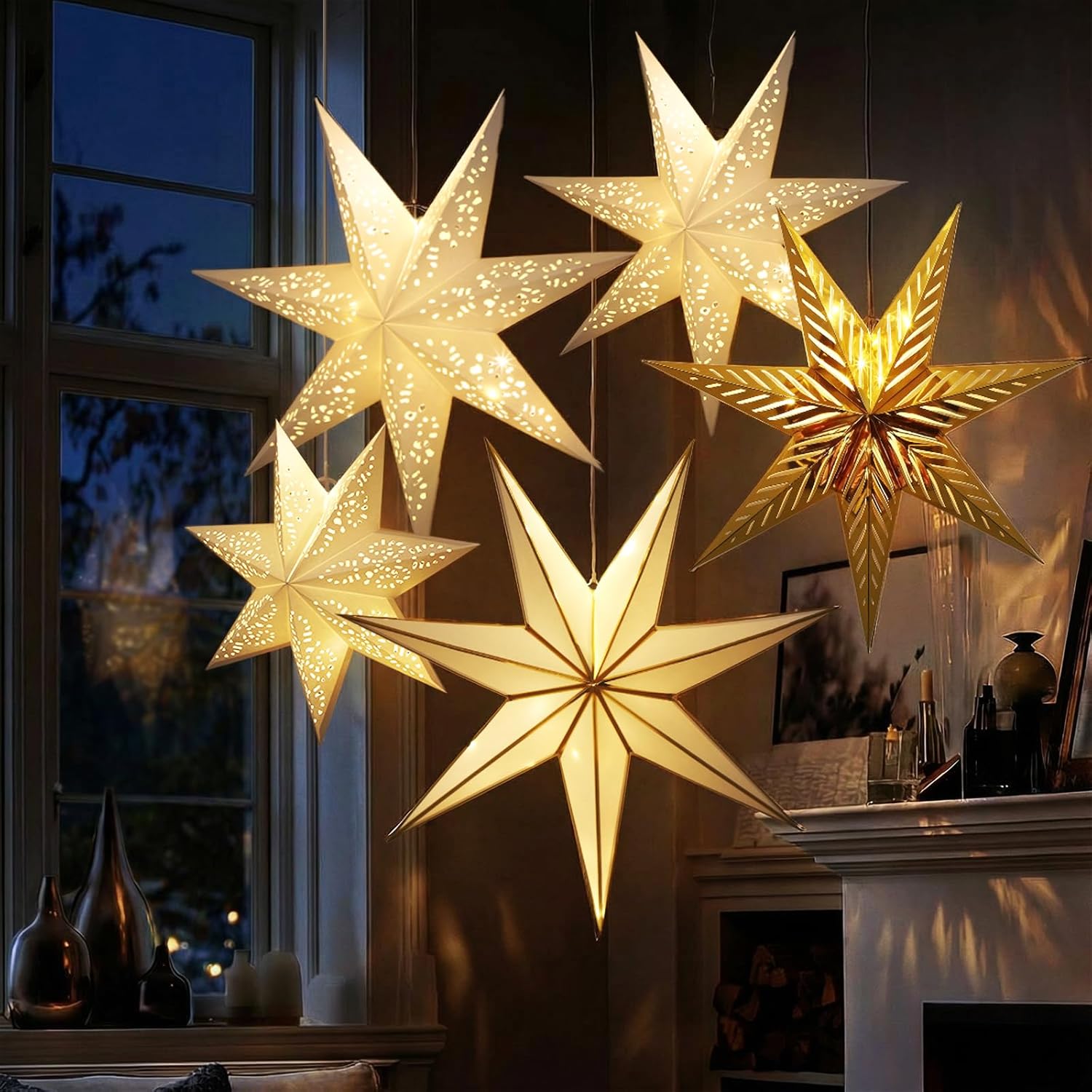 Baquler 5 Pcs Christmas Paper Star Lanterns 29.5 In 27.5 In 23.6 In 18.9 In Large Star Paper Lanterns with Lights Gold 3D 7 Pointed Xmas Hanging Lamp Ornaments Lampshade for New Year Xmas Tree Wedding