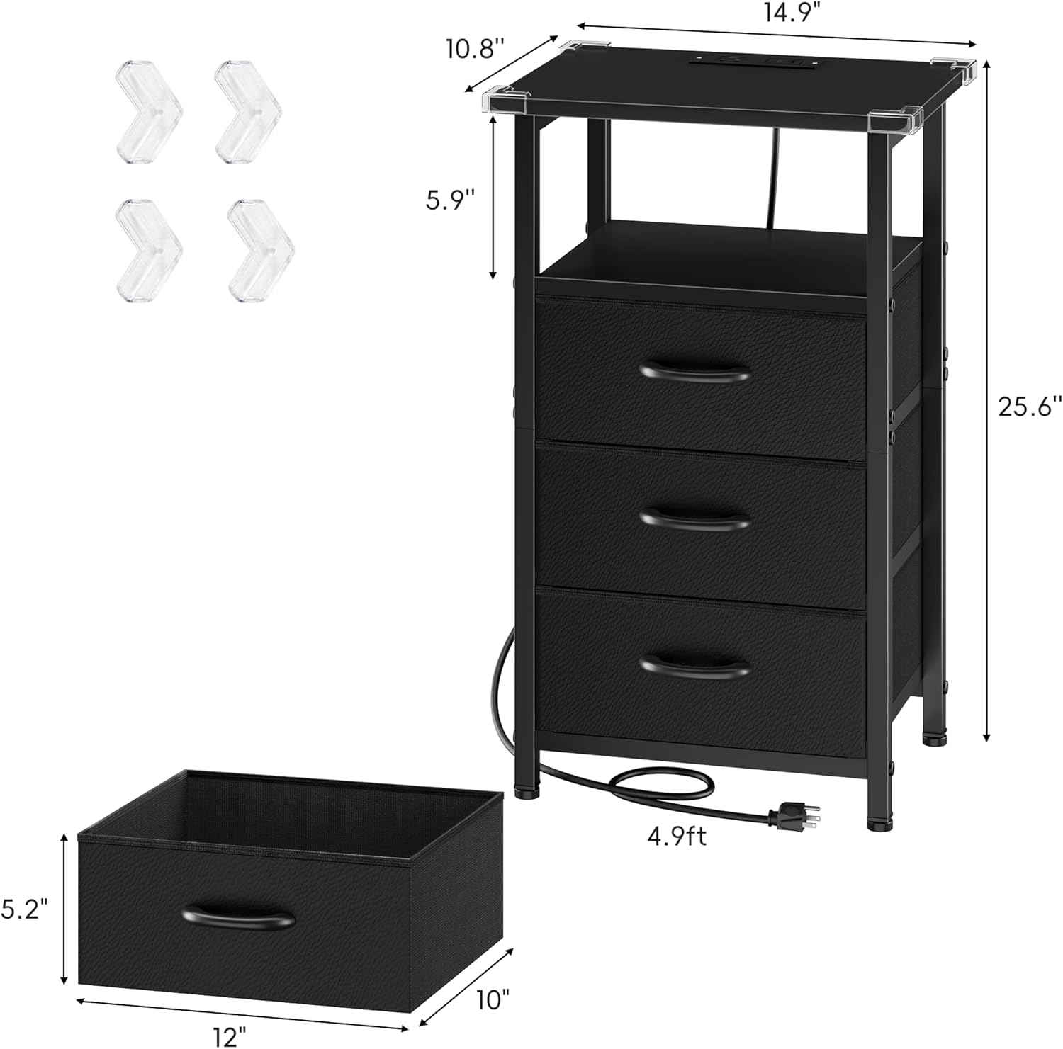 Vagusicc Night Stand Set 2 with Charging Station, LED Nightstand for Bedroom, Bedside Table with 3 Fabric Drawers, End Table Side Table with USB Ports & Outlets, Bed Side Table for Bedroom, Black