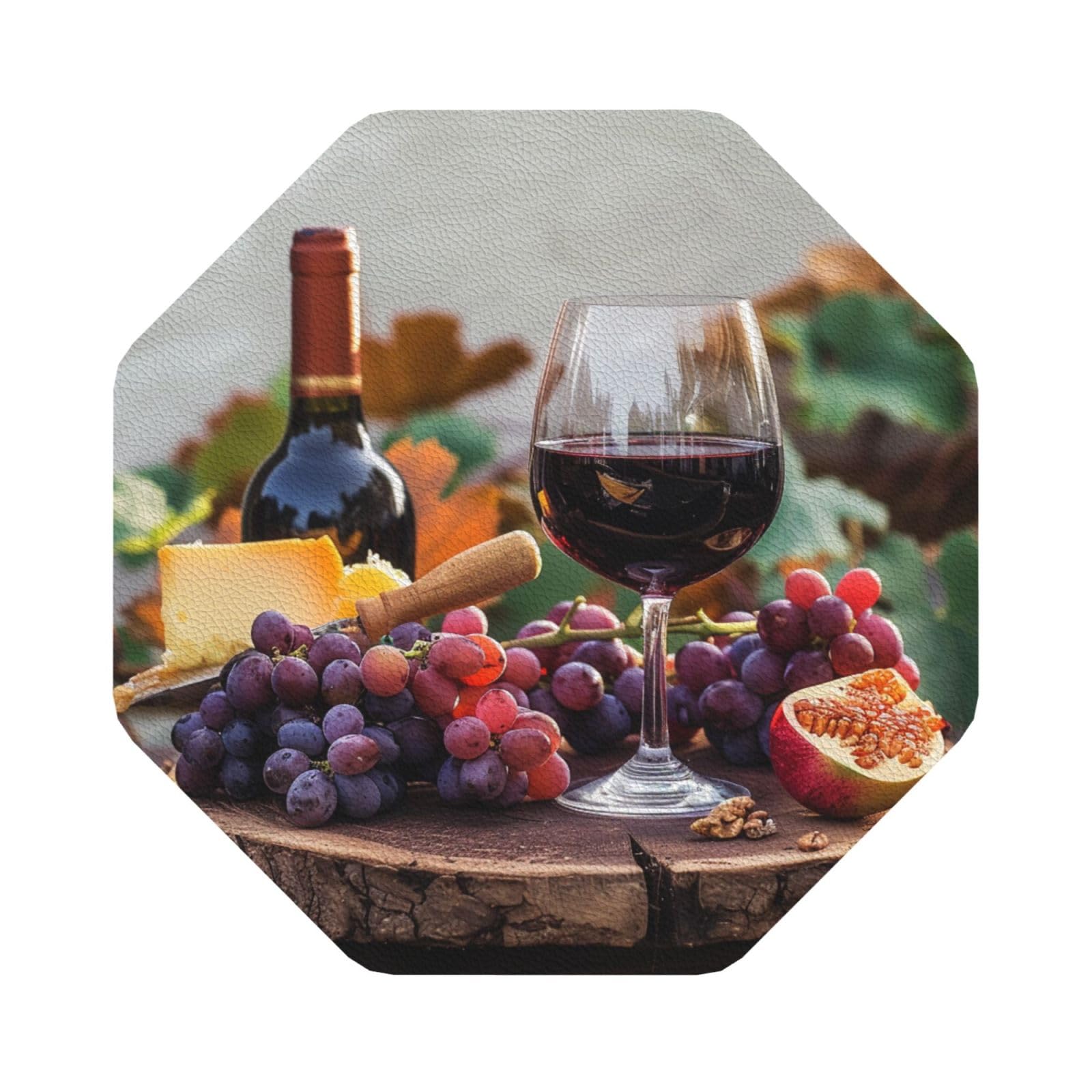 Red Wine Galsses & Grapes with Wooden Print Leather Coaster Set of 6, Octagon Coasters Table Decorative Coffee Cup Beverage Coasters Wine Beer Bar Coasters for Hot Drinks Table Protection