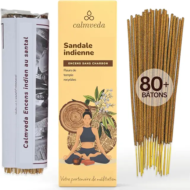 Bâtons d'encens bois de santal naturel - 80 unités sans charbon, parfait pour détente