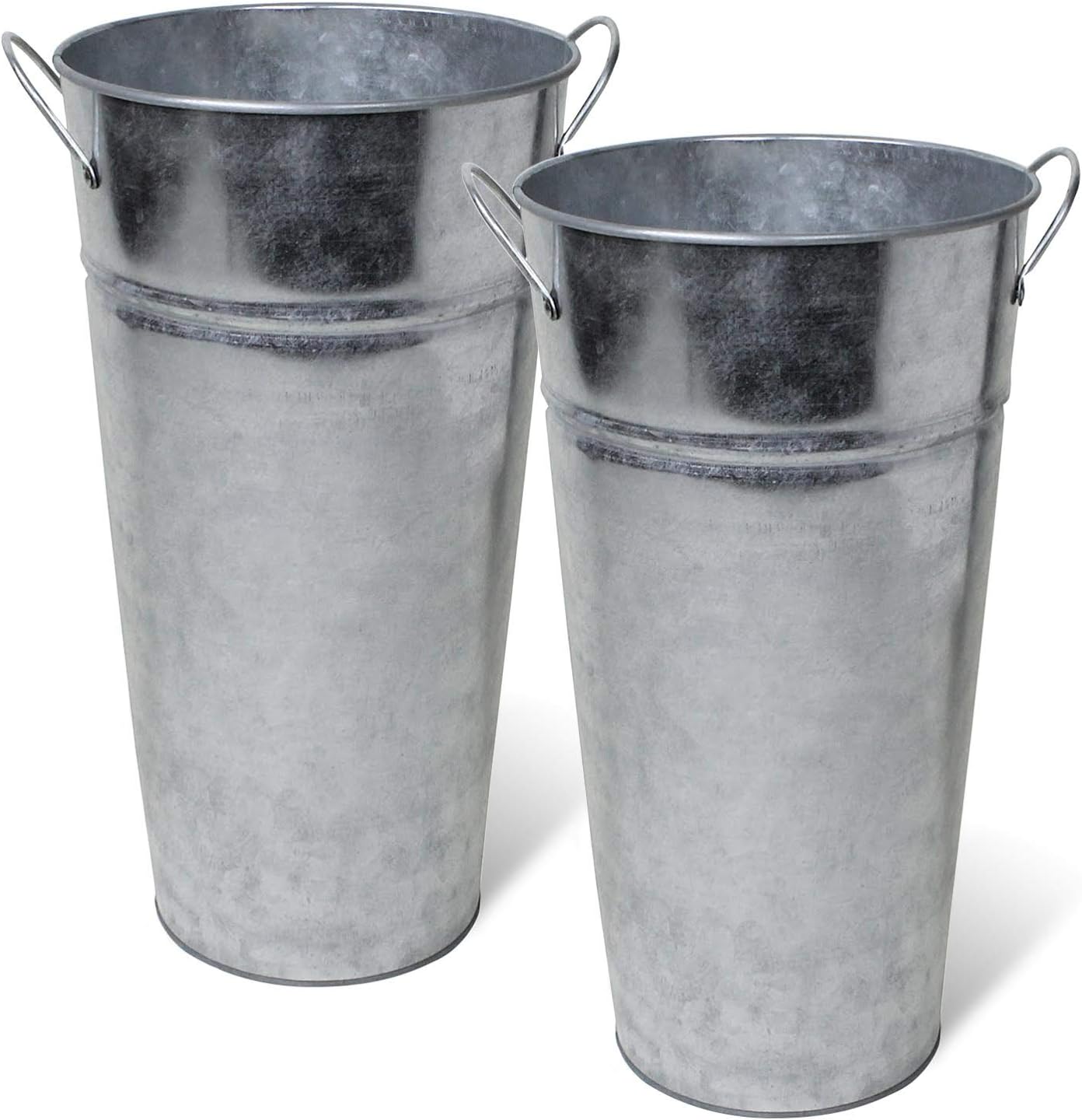 Rustic Metal 13 Inch Galvanized Flower Vase - Set of 2 - French Bucket - Farmhouse Style - Perfect for Fresh and Dried Floral Arrangements for Home and Weddings (Silver)