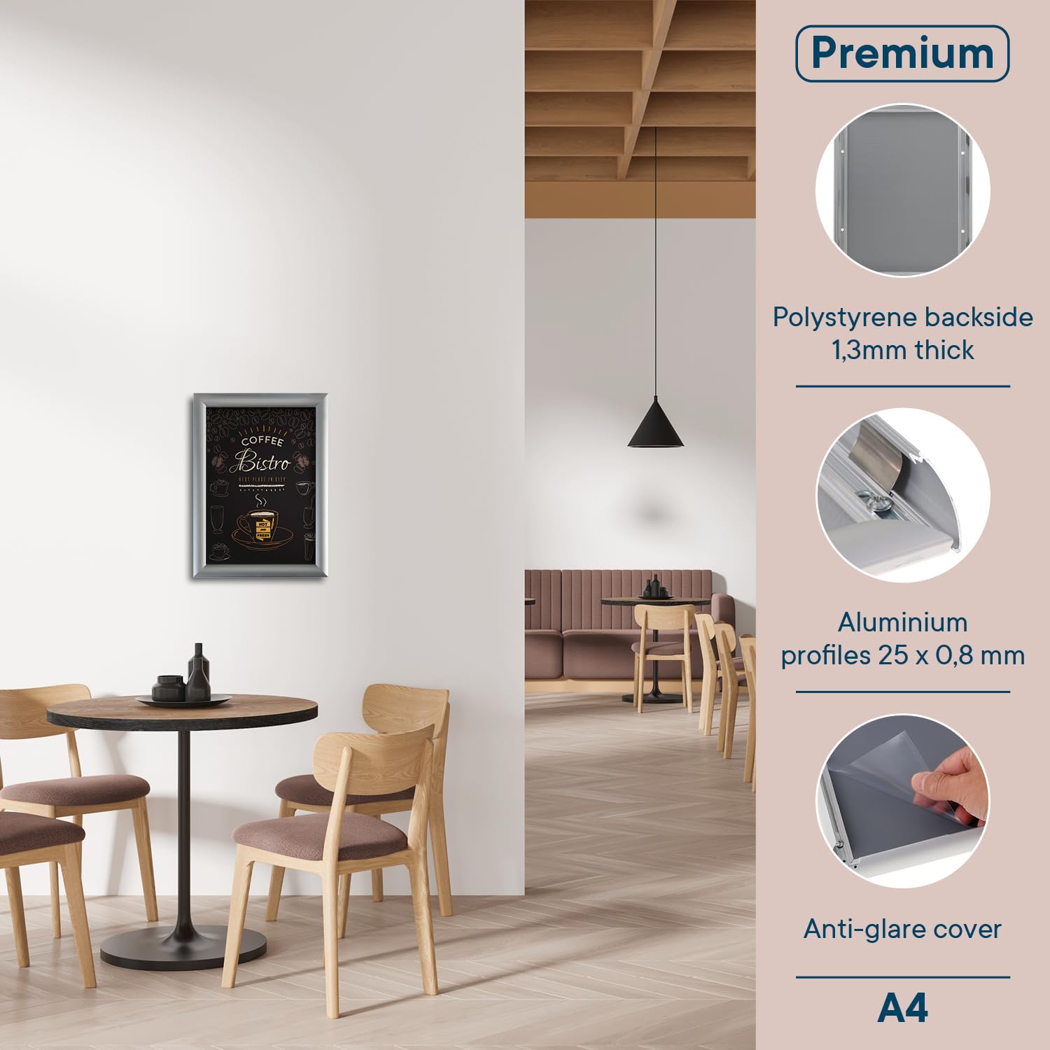 EUROPEL 355001 składana rama A4 z profilem aluminiowym 25 mm – rozkładana ramka na plakat z narożnikiem ukośnym – ramka na m.in. plakaty, certyfikaty, zdjęcia i materiały reklamowe - srebrna, 355001