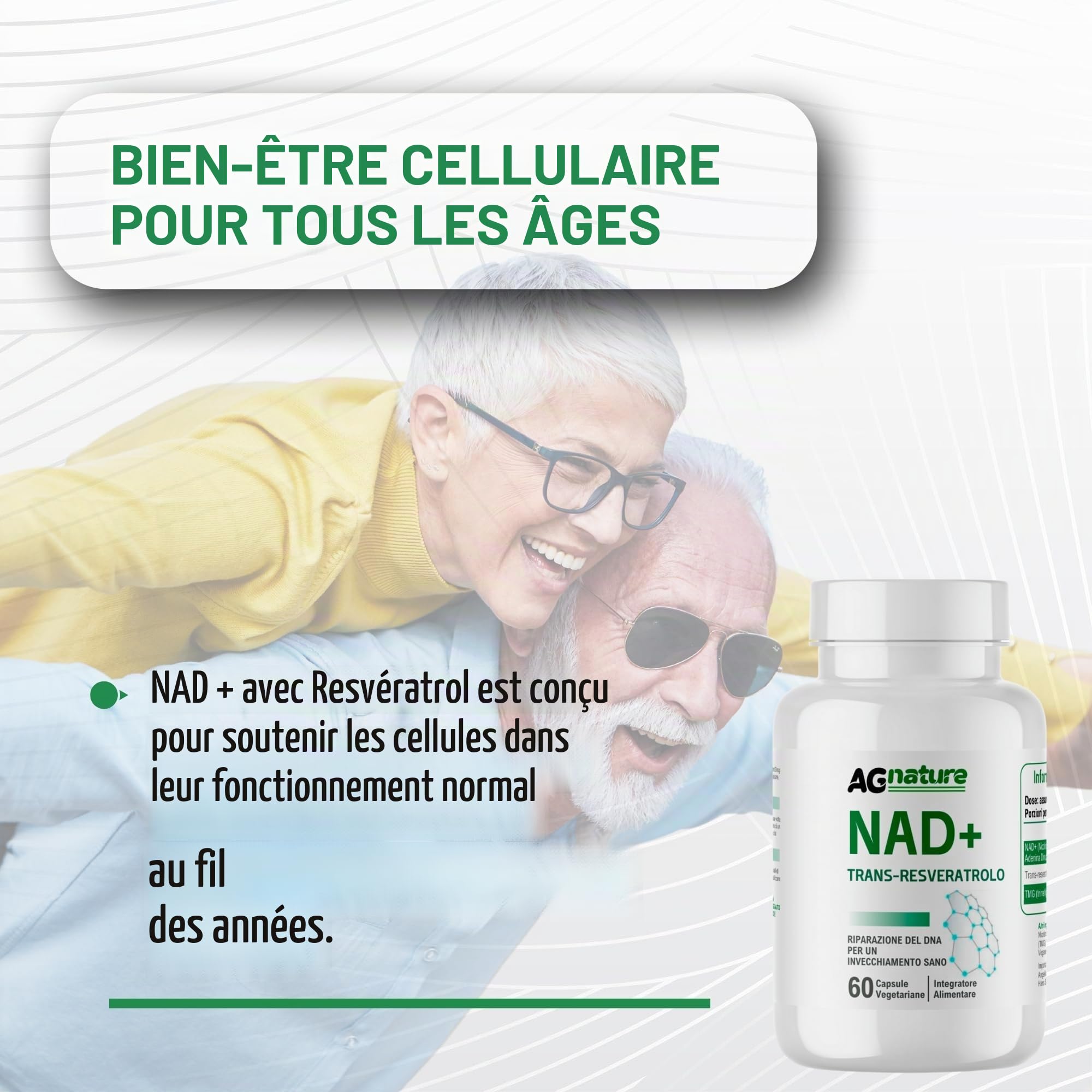 NAD Complément Nicotinamide Pur 60 Gélules 1000 mg - Complexe Anti-Âge et Anti-Fatigue avec Niacine, Trans-Resvératrol et Triméthylglycine
