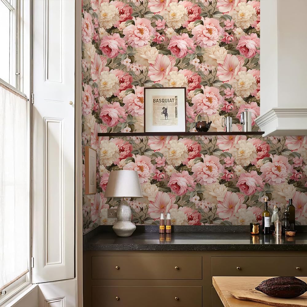 REDAMANCY Vintage Boho Pink Beige Peony Flower Peel and Stick Wallpaper Vintage Wall Paper Stick on Contact Paper Easy Peel Off for Bedroom nightstand Drawer Renter Friendly 17.7"x236"