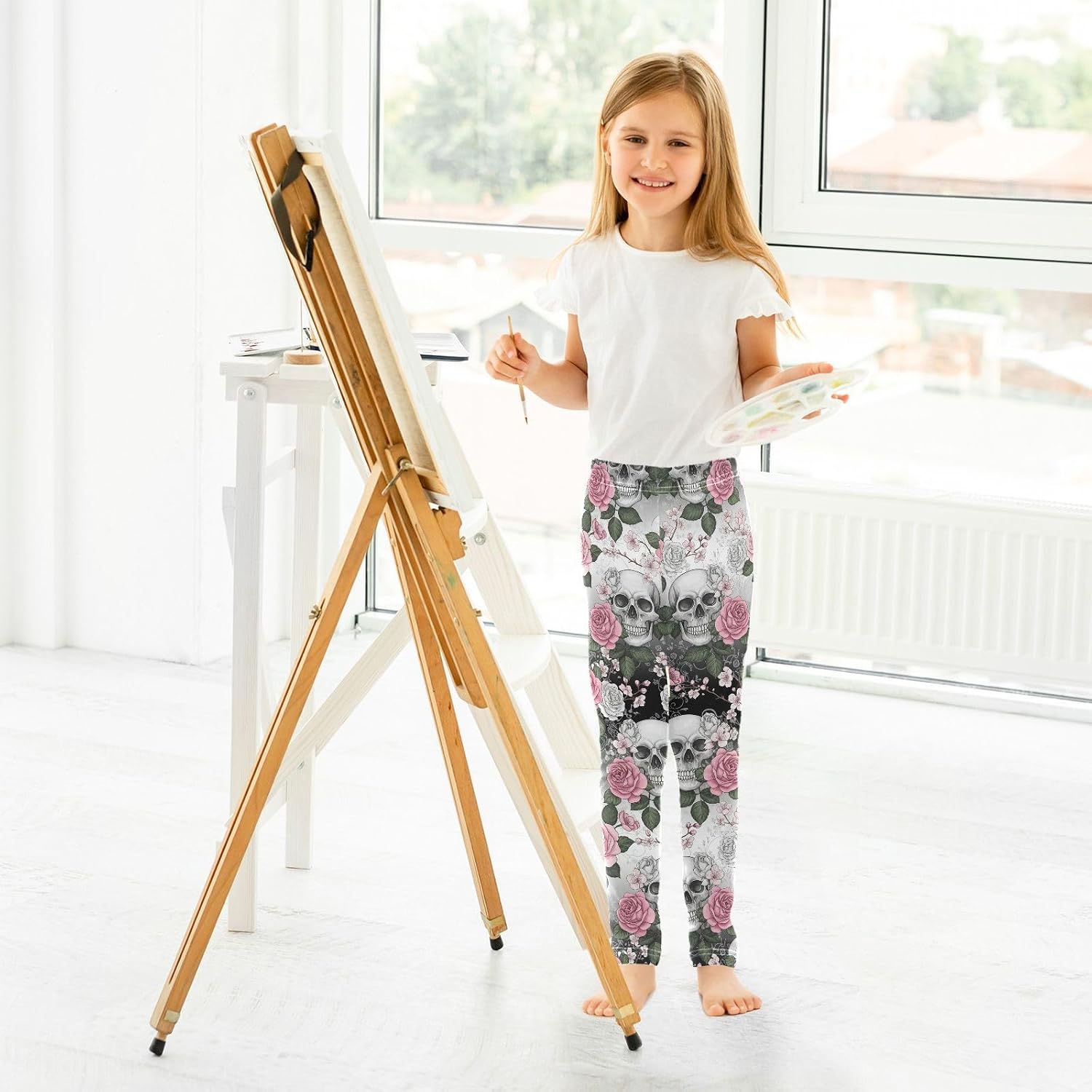 Girls Printed Yoga Pants Skulls Roses Floral