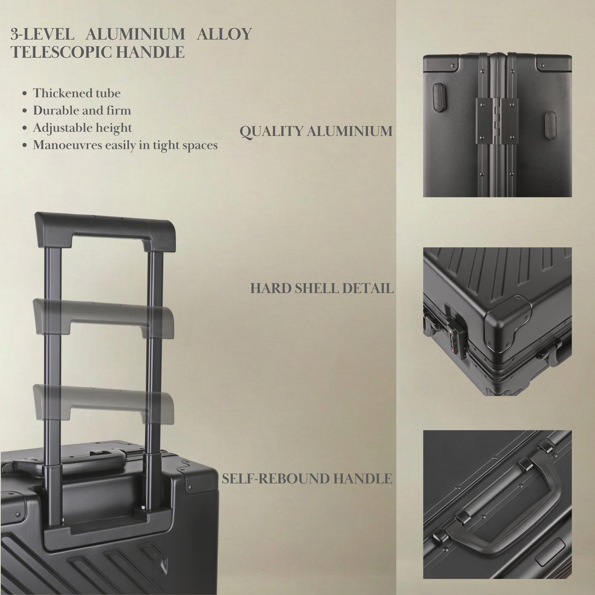 JLY 100% poliwęglanowy bagaż bez zamka błyskawicznego, podwójne zamki TSA Hardshell walizka z 4 kołami obrotowymi, aluminiowy uchwyt, bagaż podręczny w kabinie, Stal Czarna, M (65cm 60L)