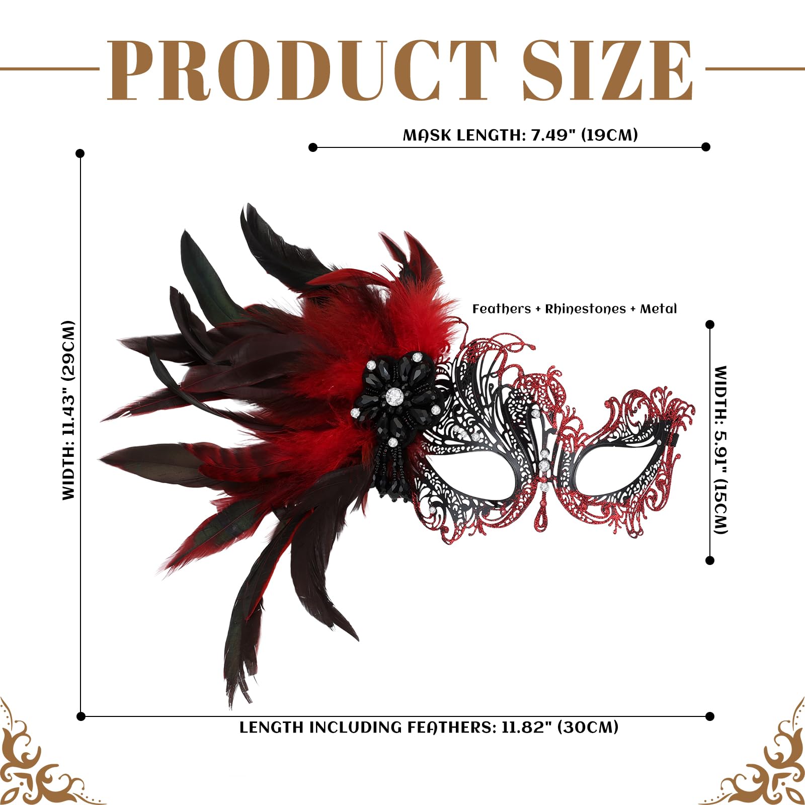Oidea Feather Masquerade Mask for Women: Rhinestone Lace Metal Half Face Antique Venetian Mardi Gras Masks Halloween Cosplay Party Prom Ball Costume Accessory Red - Image 3