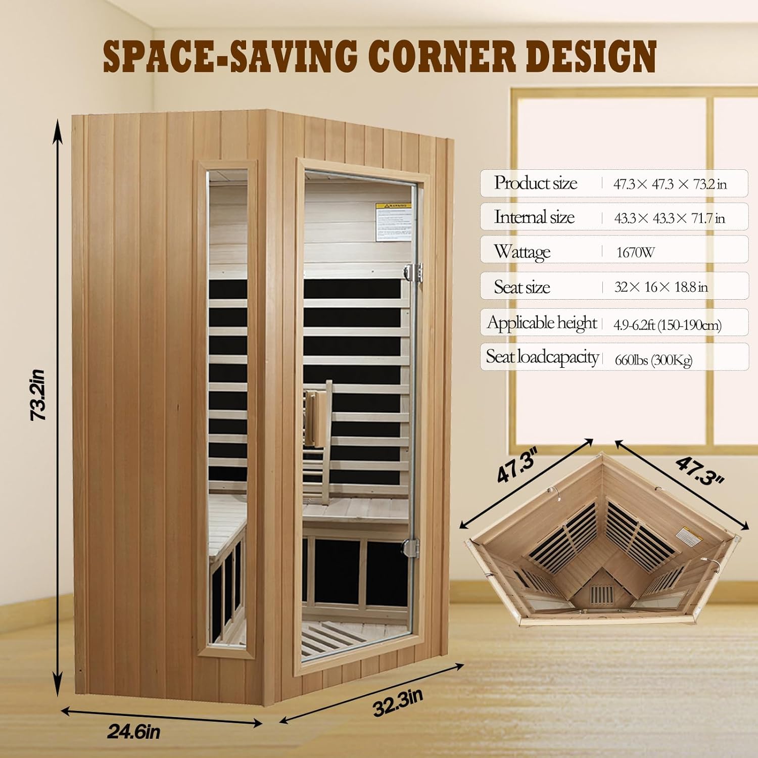 Corner Far Infrared Sauna for 2-3 Persons - Solid Canadian Hemlock Indoor Spa with Low EMF Technology, Panoramic Side Glass Walls, 7 Carbon Heaters, Bluetooth Audio, 120V/1670W (47.3" x 47.3" x 73.2")