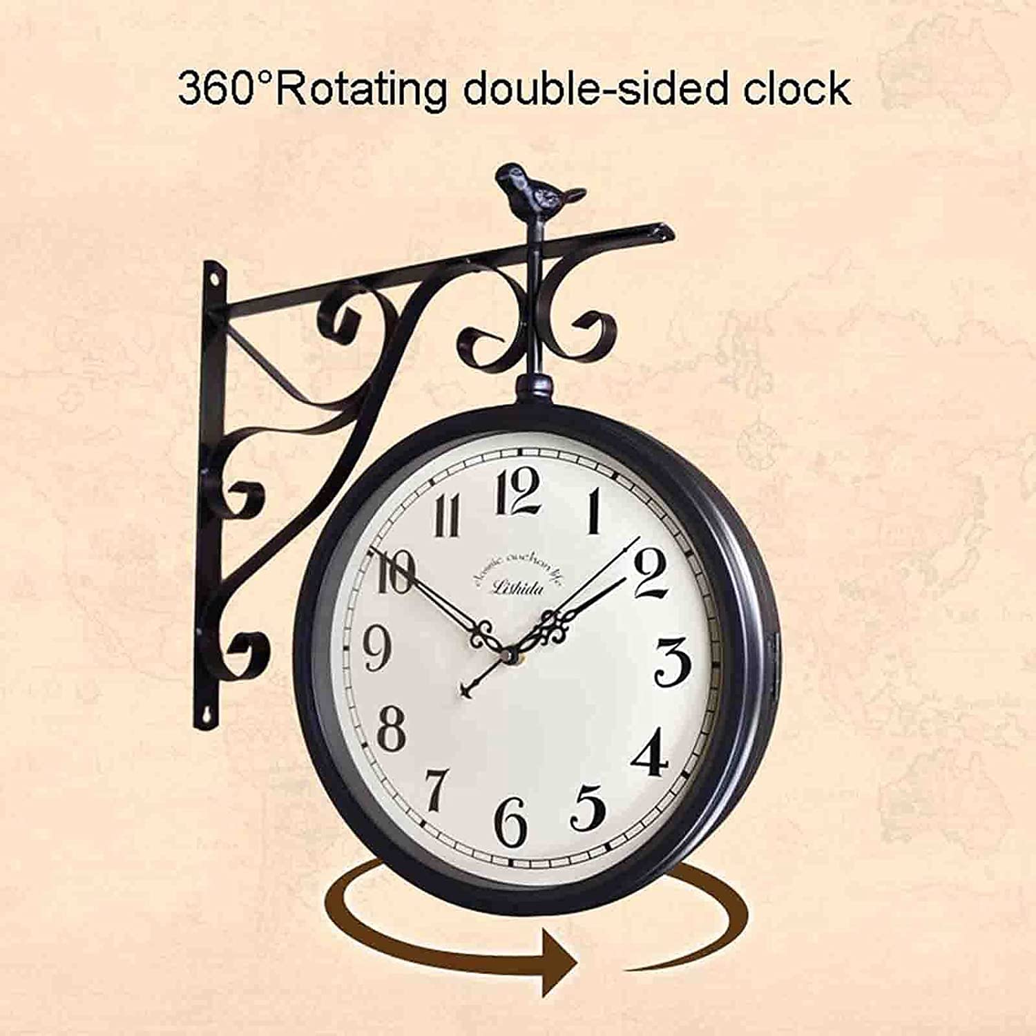 XJBTBA Reloj de Pared Reloj de Pared de Doble Cara de 12 Pulgadas, Hierro Forjado, Metal, silencioso, fácil de Leer, Reloj de estación de Dos Caras para jardín, decoración del hogar, Interior,