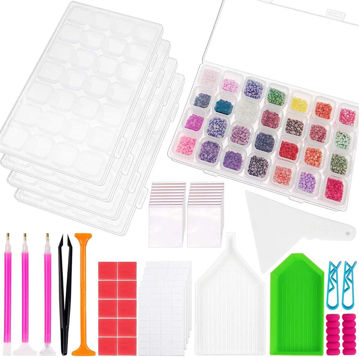 SGHUO 140 Slots 5 Pack 28 Grids Diamond Painting Boxes Kits Plastic Storage Cases with 58pcs 5D Diamond Painting Tools Diamond Embroidery Accessories Organizer Kits
