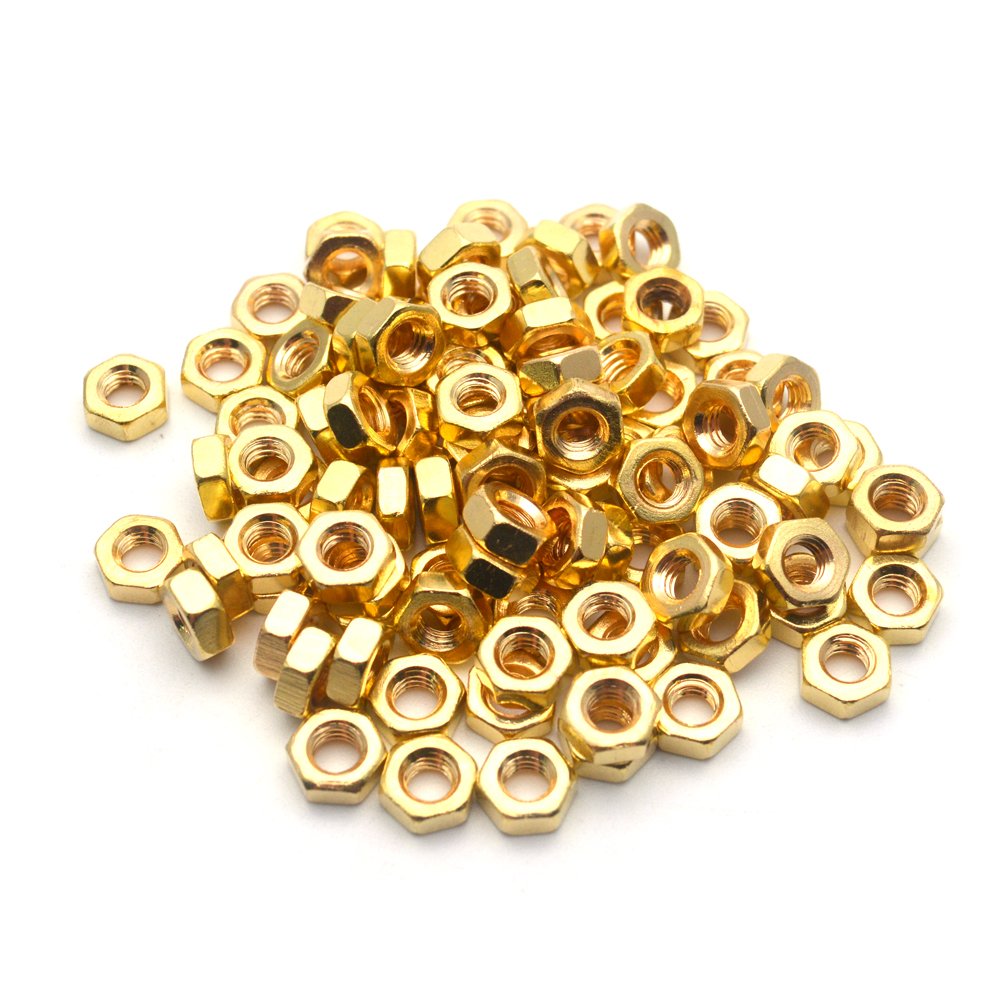 Sydien 100Pcs 4mm Thread Inner Diameter Brass Hex Nut Solid Brass Nut Copper Hexagonal Nut (M4)