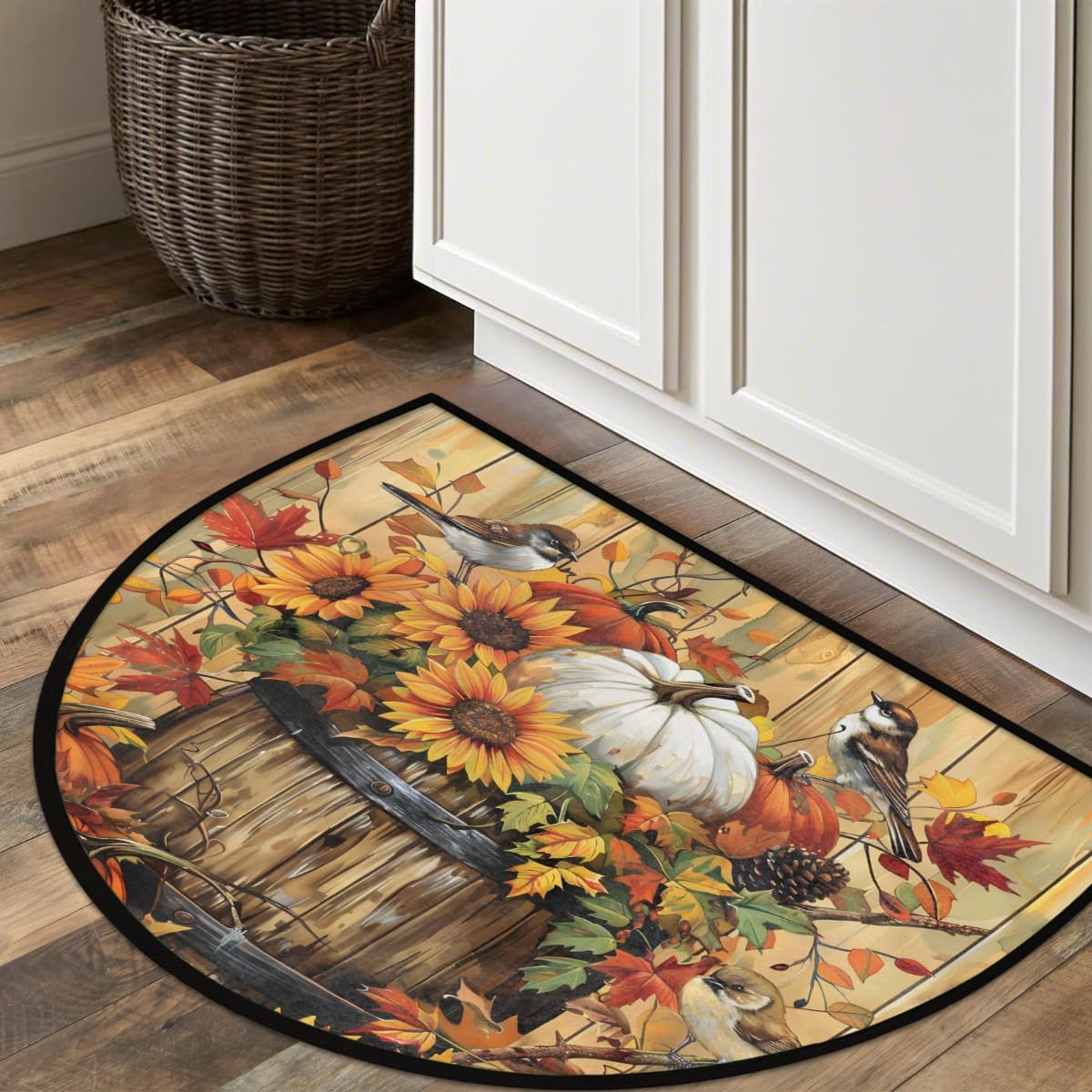 Half Round Door Mat Retro Fall Pumpkin Non Slip Absorbent Semi Circle Area Rugs Washable Half Moon Floor Mats for Indoor Patio Kitchen Bathroom Entryway Fireplace Home Carpet Decor