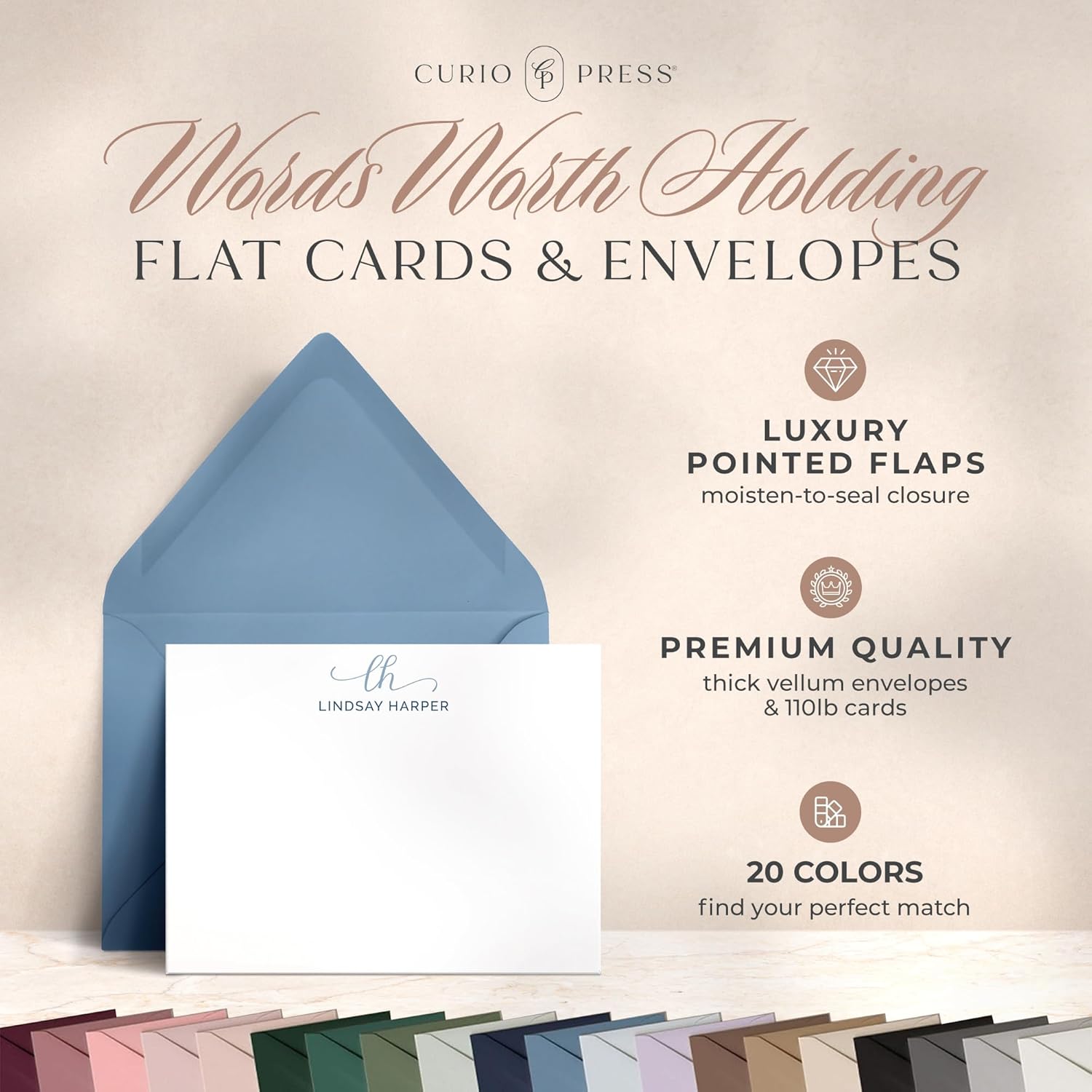 Curio Press Monogrammed Stationery Set, Custom Note Cards with Name & 2 Letter Monogram Thank You Cards with Envelopes, Personalized Notecards Stationary Set for Women and Girls - Rosalina Mono Flat