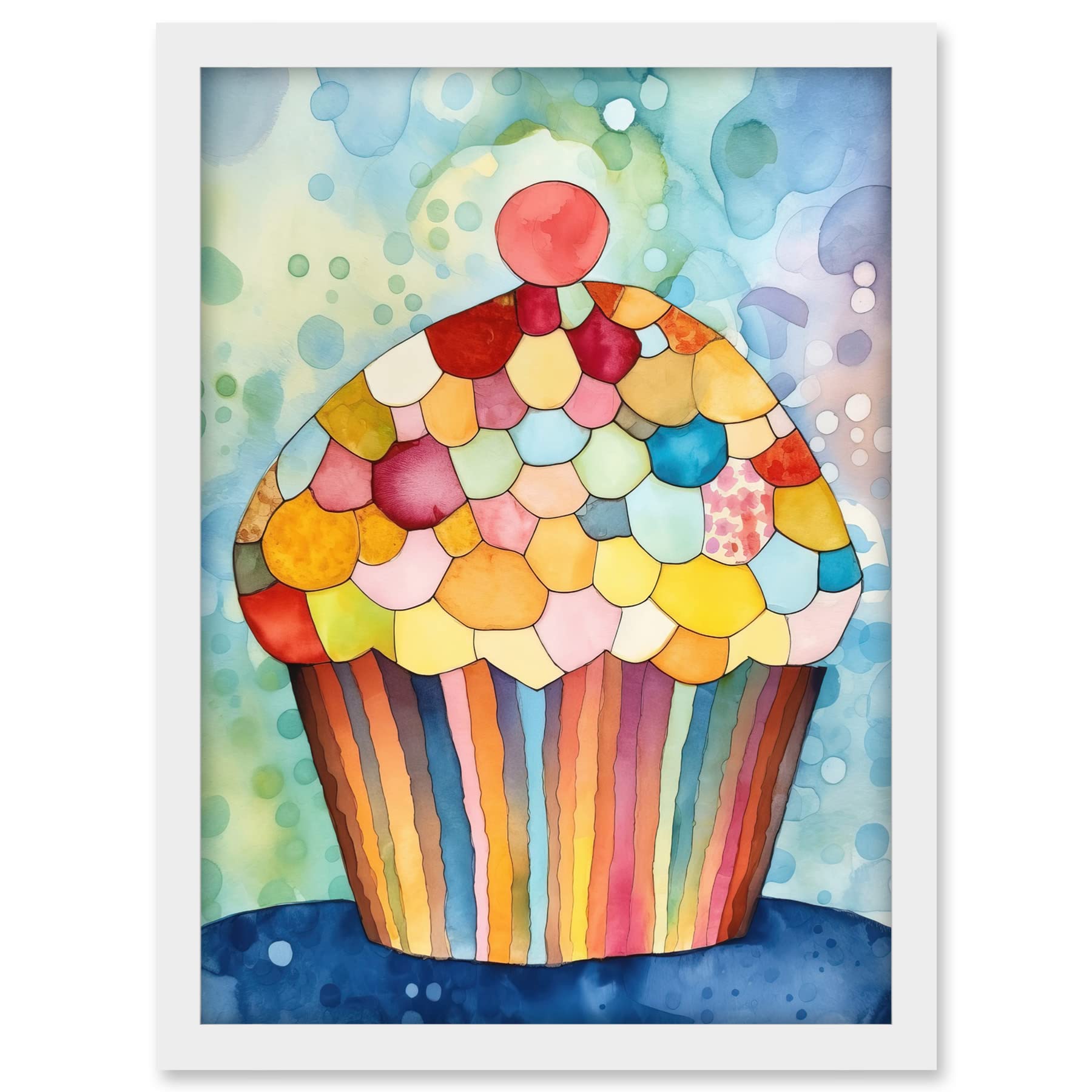 Artery8 Rainbow Pattern Cupcake Folk Art Watercolour Painting Artwork Framed A3 Wall Art Print