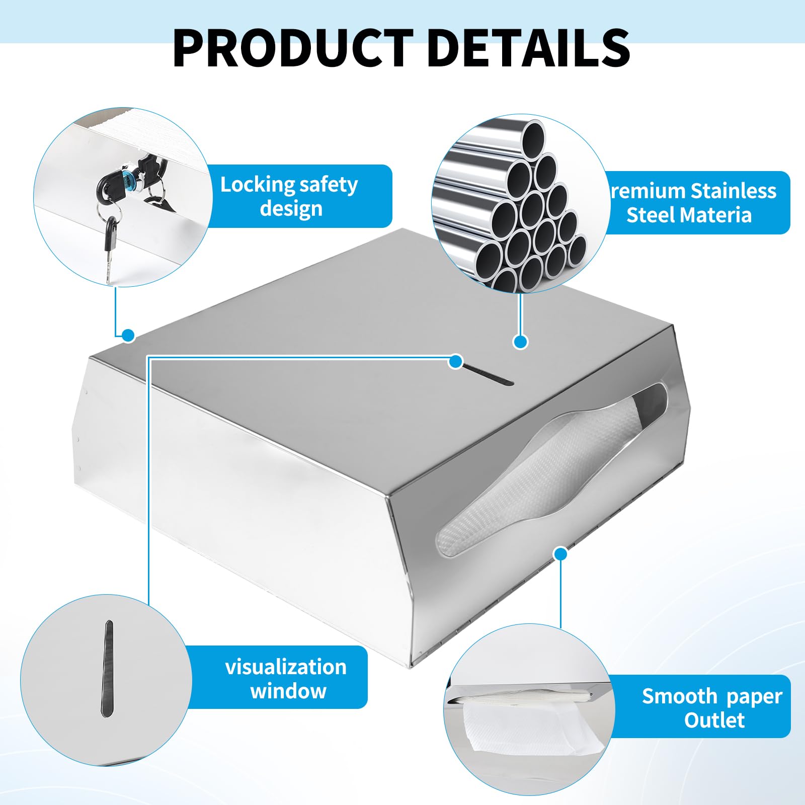 DBREAKS Dispensers di asciugamani di carta in acciaio inox, 28,3 x 26,3 x 10 cm, per parete, richiudibili, per 250-400 asciugamani