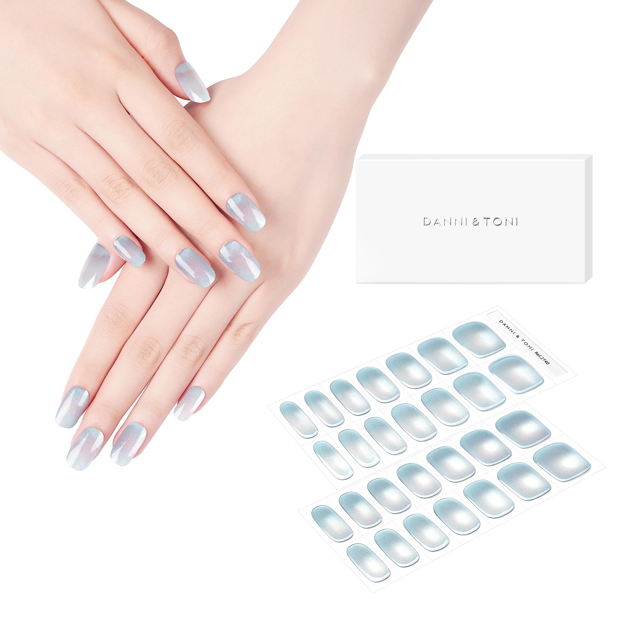 DANNI & TONI Semi Cured Gel Nail Strips Soft Blue Ombre (Ocean Crystal) Cat Eye Gel Nail Wraps 28 Stickers