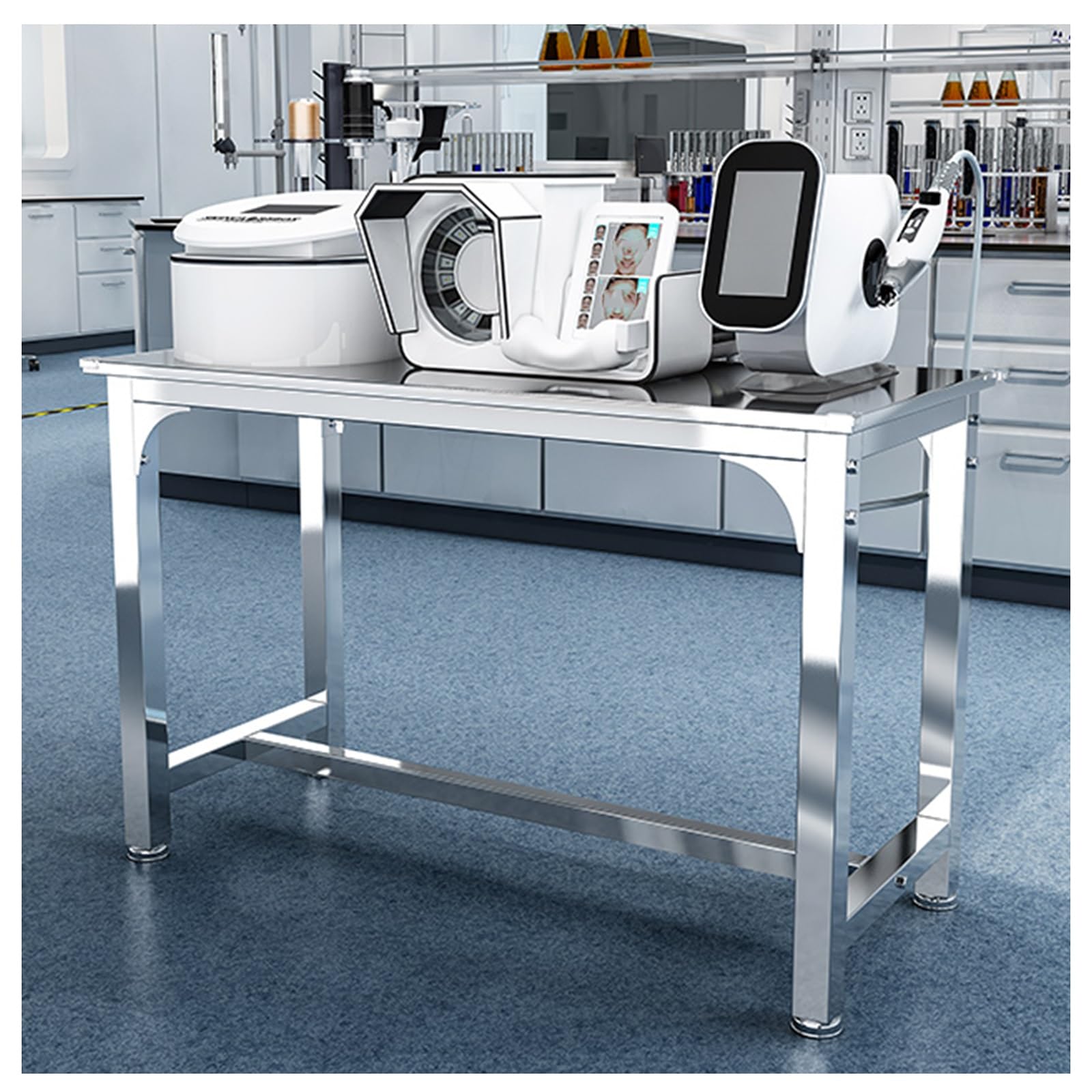 Tavolo da lavoro da laboratorio in acciaio inossidabile resistente con colonne reced, collegamento avvitato Triangu, piano di lavoro ispessito, piedini regolabili, elevata capacità di carico per uso