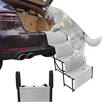 YEP HHO 4 Steps Upgraded Folding Pet Stairs Ramp Lightweight Portable Cat Dog Ladder with Waterproof Surface Great for Cars Trucks SUVs (Grey)