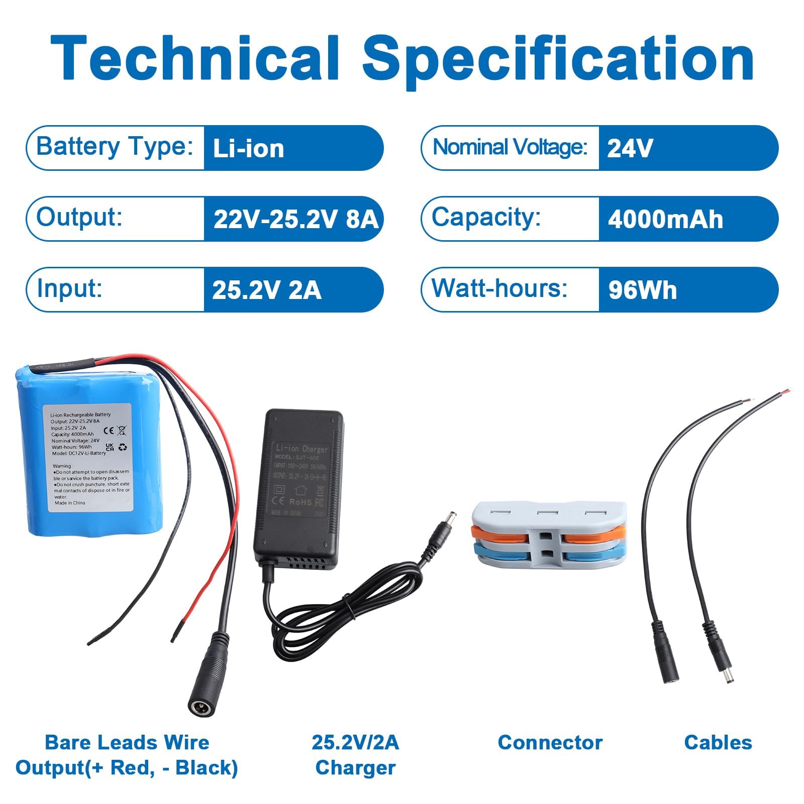 Batería recargable de litio de 24 V y 4000 mAh, cargador y conector de cable, batería para proyectos de bricolaje, luces solares de calle, cámara CCTV, altavoz, pulverizador, barco de tren de