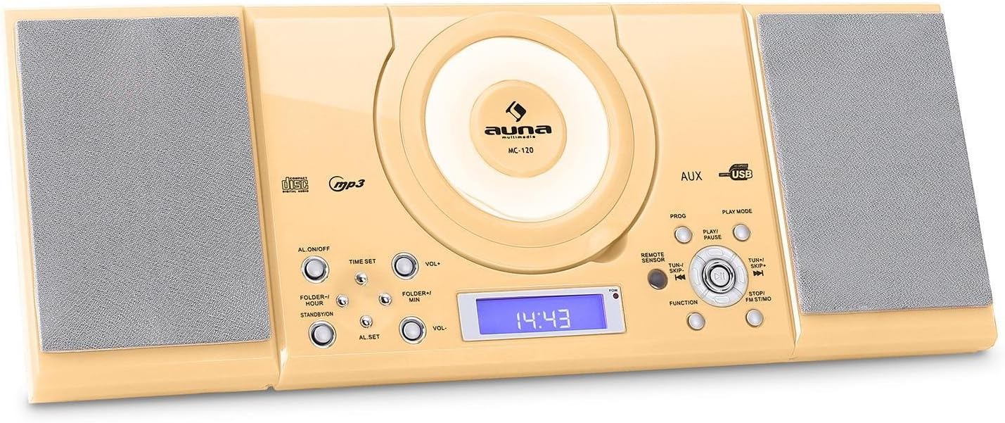 Auna MC-120 Hi-Fi Stereo System - CD Player, MP3, USB, AUX, FM Radio Tuner 30 Presets, Standing & Wall Mounting, Alarm Function Clock, Stylish Piano Finish, LCD Display Blue, Cream