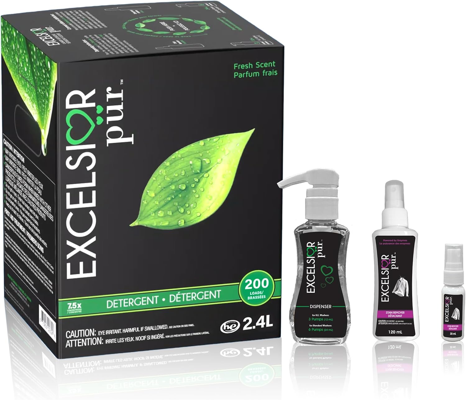 Excelsior Pür 7.5x Ultra Concentrated Liquid Laundry Detergent, 2.4 L / 200 Loads, All-in-One Formula with Odor Suppressant, Includes 120 mL Stain Remover + Eco Dispenser