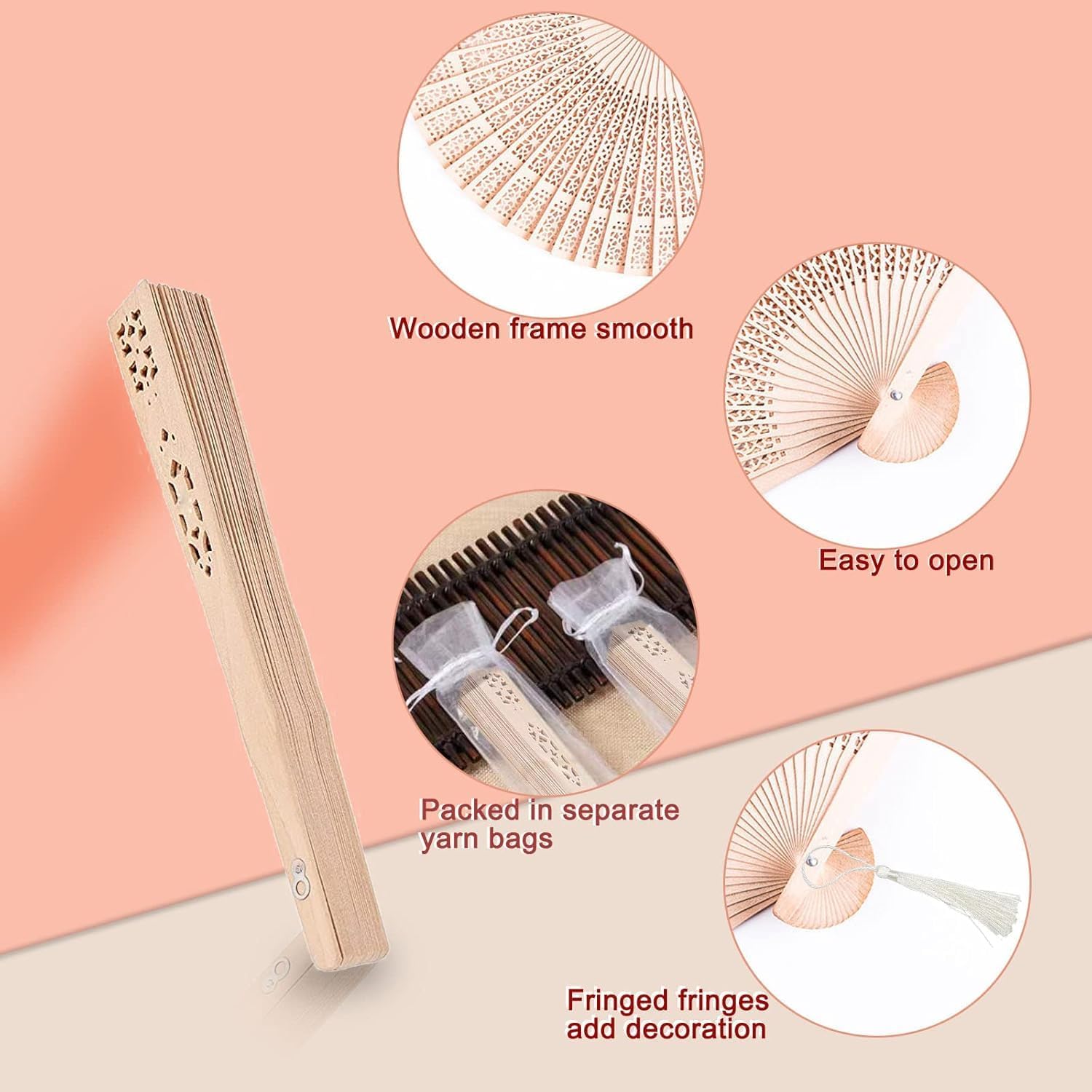 50 PCS Sandalwood Fan，Wooden Folding Fan with Tassel and Organza Bags, Wedding Fans for Wedding Guests, Hand Held Folding Fans for Party, Home Decorations Birthday