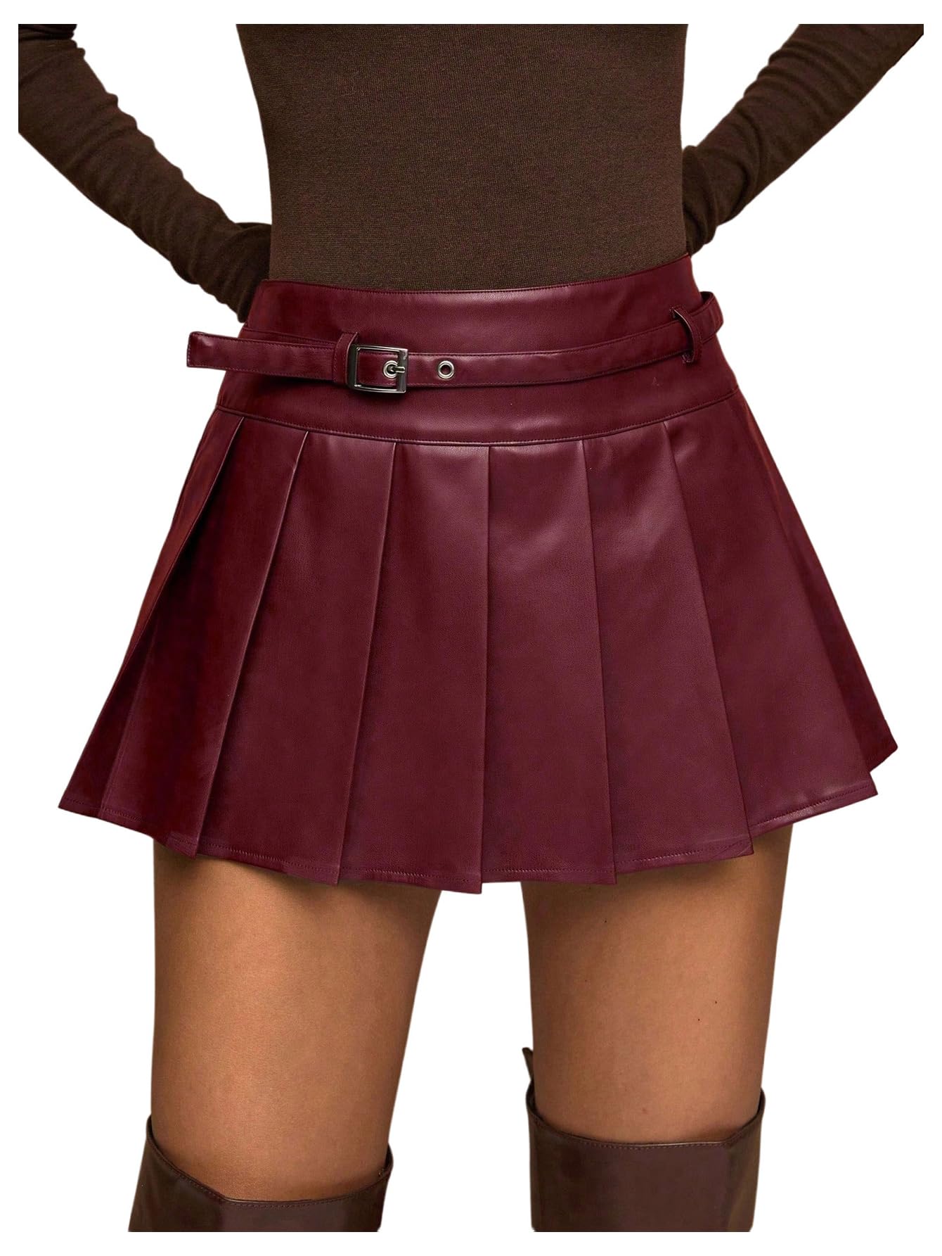 Floerns Saia plissada de couro feminina, roupa de outono, balada, saída à noite, mini skater - P - Borgonha