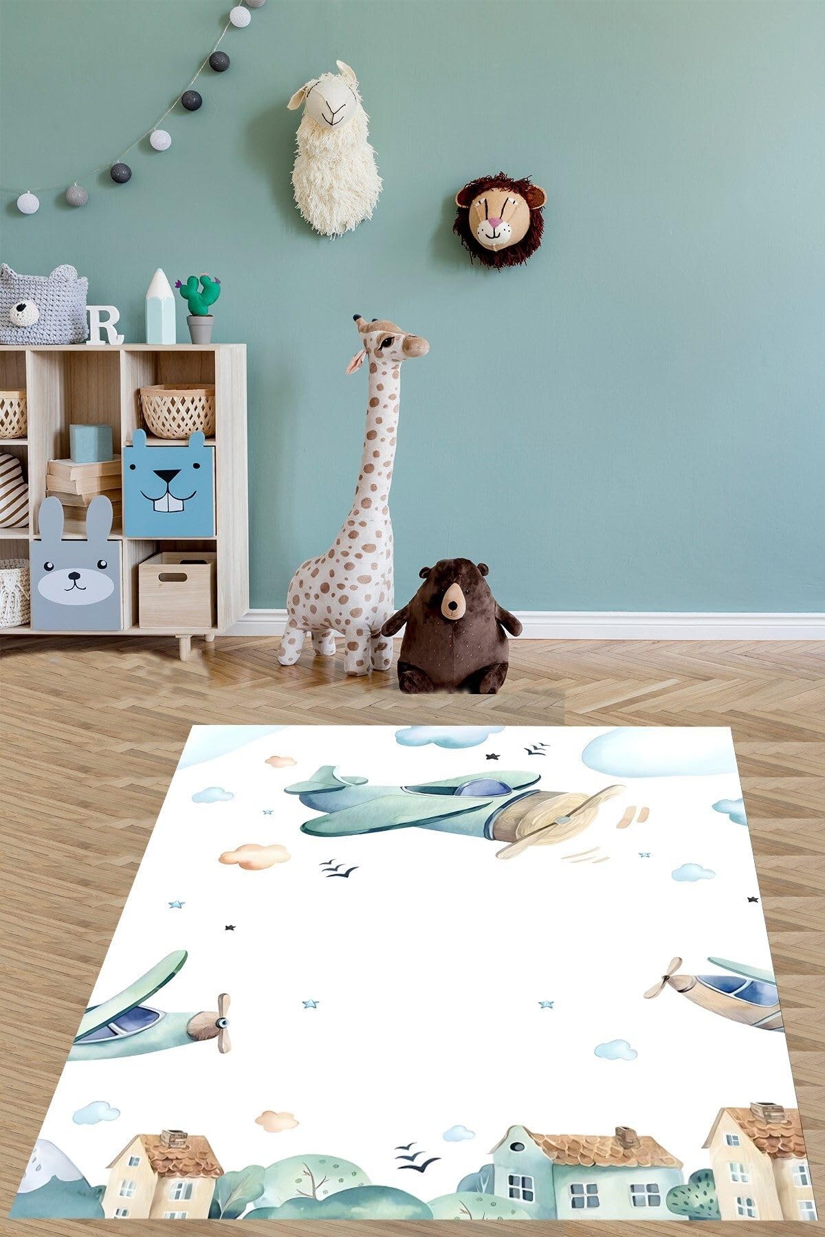 Pelangi Uçaklar Bulutlar Yıldızlar Yıkanabilir Kaymaz Taban Leke Tutmaz Çocuk Odası Halısı, Beyaz 80 x 600, 7642010708060005