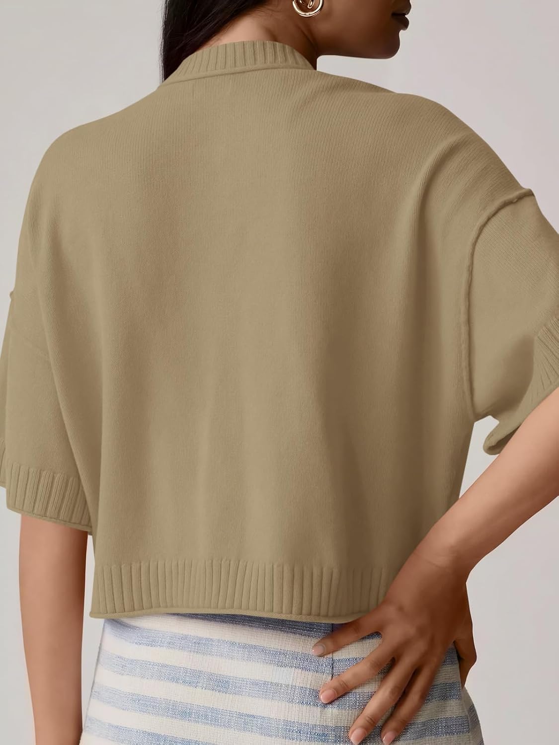 Saodimallsu Womens 3/4 Sleeve Cardigan Sweaters Button Down Crewneck Knit Cropped Tops Casual Fall Outerwear - Image 4