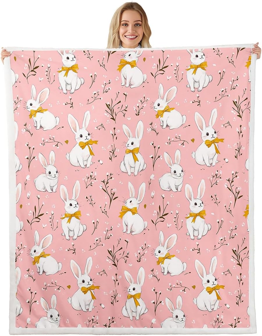 Cute Rabbit Plush Blanket Cartoon Bunny Pink Sherpa Blanket Boys Girls Lovely Little Floral Rabbit Decor Fleece Throw Blanket Botanical Animal Fuzzy Blanket for Sofa Bed Couch,Queen 90x90 Inches