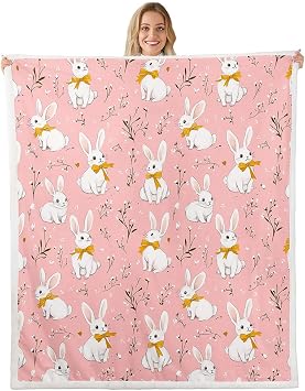 Cute Rabbit Plush Sherpa Blanket - Cartoon Bunny Pink Fleece Throw for Boys Girls - Lovely Little Floral Rabbit Decor Botanical Animal Fuzzy Blanket for Sofa Bed Couch - Baby 30x40 Inches