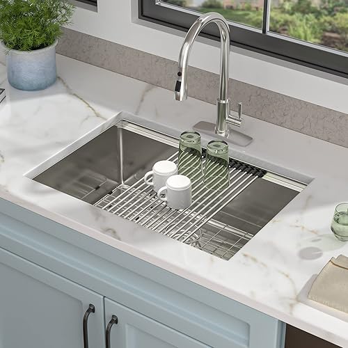 Miniatura 29 de Fregadero de lavandería de 21 x 18 pulgadas de montaje bajo encimera – Acero inoxidable 304 de calibre 16 cepillado dorado NANO-PVD de 12 pulgadas