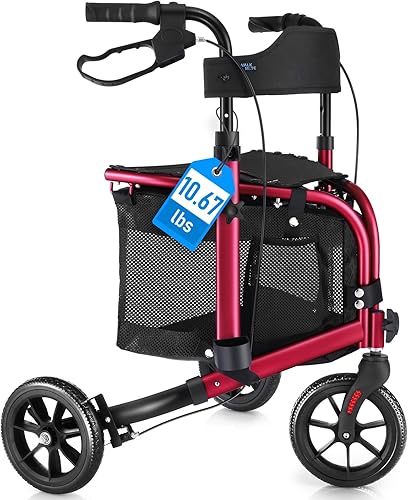 Vista 10 de WALK MATE Andador de 3 ruedas con asiento para personas mayores delgadas, respaldo acolchado, andador plegable ligero ideal para adultos mayores, 8
