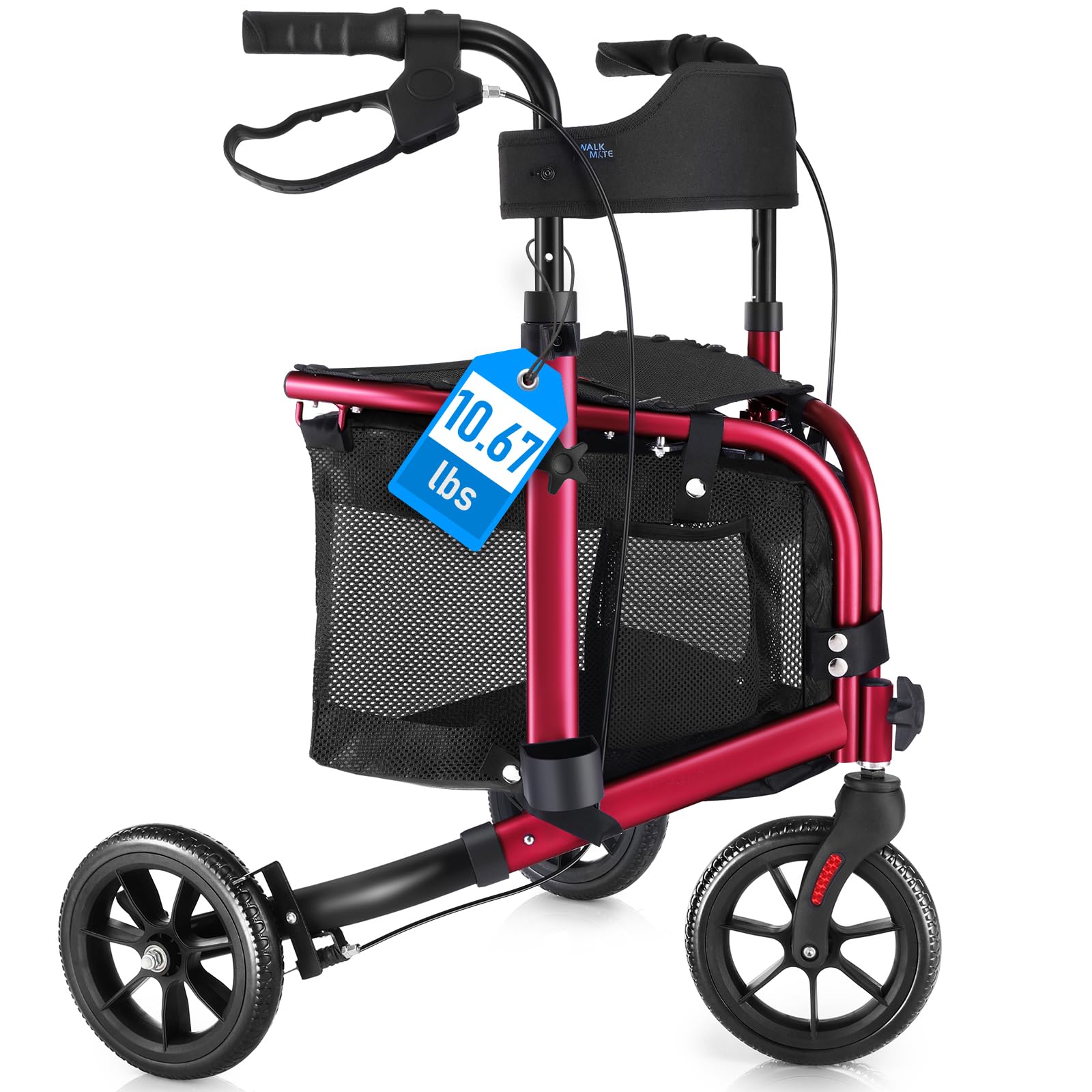 WALK MATE 3 Wheel Rollator Walker with Seat for Slim Seniors, Padded Backrest Lightweight Foldable Walker Ideal for Elderly, 8 Inch Tri-Wheel Modern Mobility Walking Aid Aluminum, Red