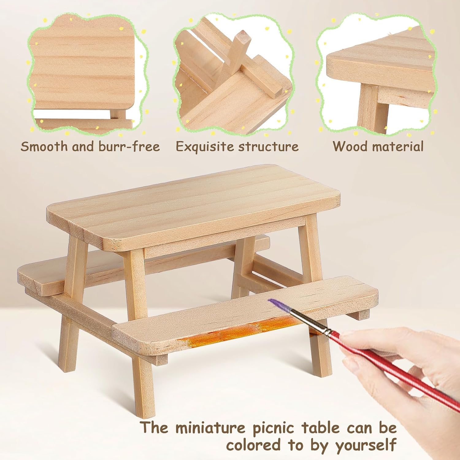 Homoyoyo Mini Wooden Picnic Table Model with Joined Chairs, Doll House Furniture Prop for Dollhouse Decor and Photography Display, Khaki Small Doll Table Accessory