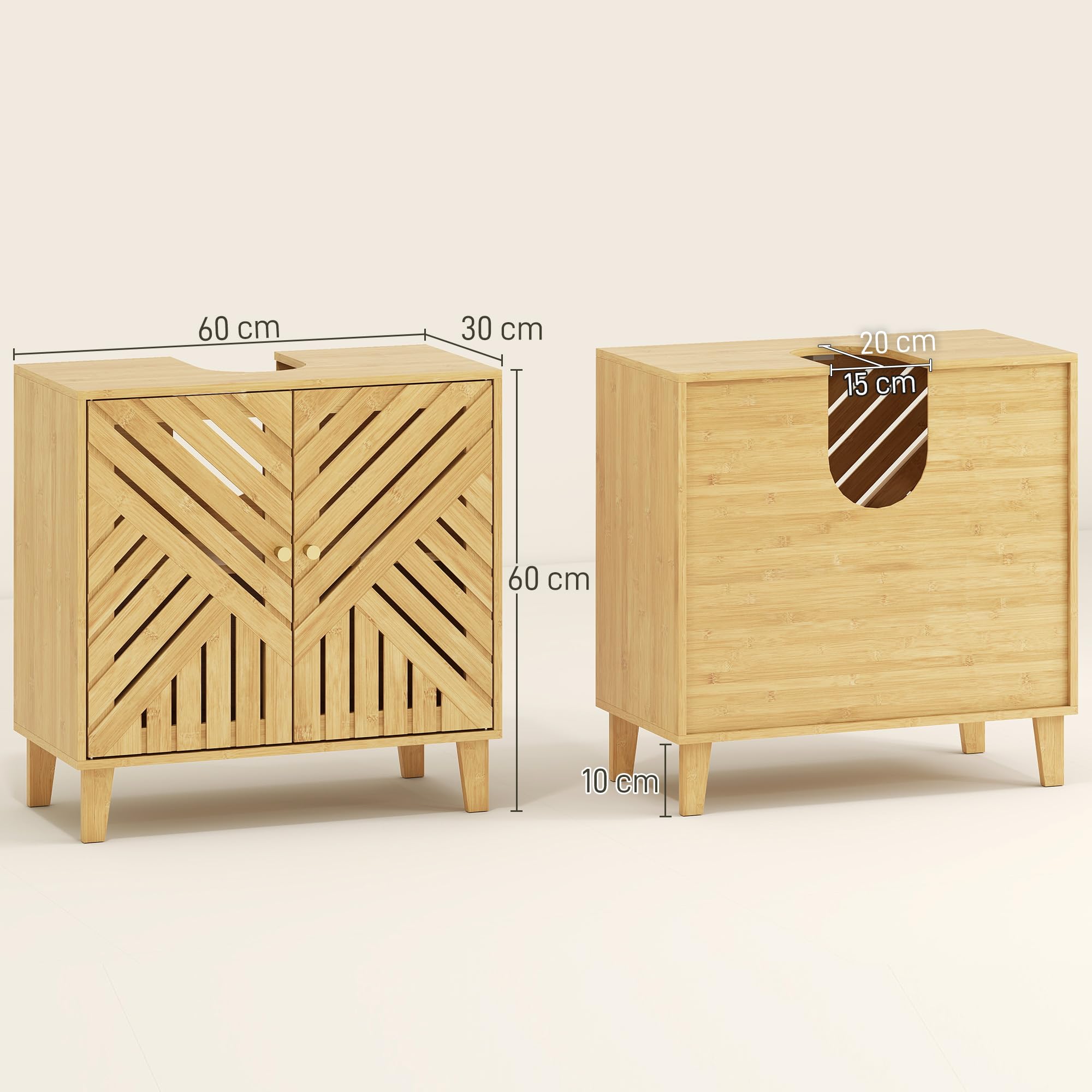 HOMCOM Meuble sous Lavabo Salle de Bain 60 x 30 x 60 cm Naturel | Étagère Réglable, Portes à Lattes, Bambou, Anti-Humidité