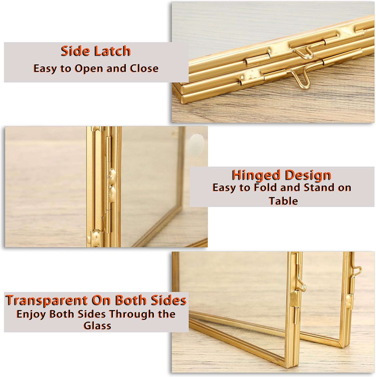 JUXYES 4x6 Brass Folding Photo Frames Tabletop Double Glass Picture Frame For Pressed Flowers, Unique Domes Metal Pictures Frame Countertop Folding Glass Frame for Pressed Flowers Photo Picture Poster