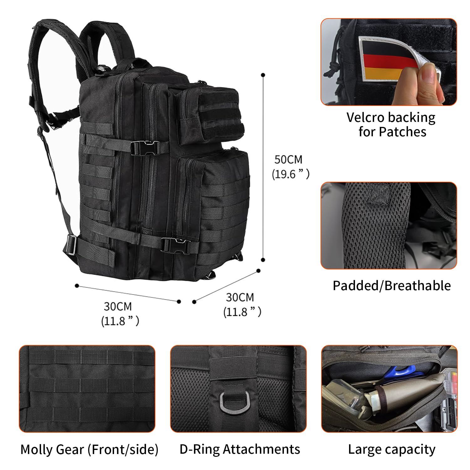 Oreunik Militär Rucksack Herren,45L Wasserdicht Taktischer Bundeswehr Rucksack Molle Rucksäcke Survival Backpack für Wandern im Freien Trekking Camping Wandern Angel Reise Arbeit (Schwarz)
