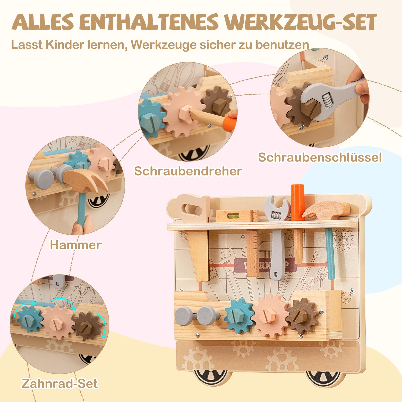 COSTWAY Montessori Motorikbrett, 5-in-1 Busy Board mit Schminkset, Werkzeugkasten, Spielküche, Arztset & Eisdiele, Sensorik Motorikbrett Holz, Montessori Spielzeug für Kinder ab 1 Jahr