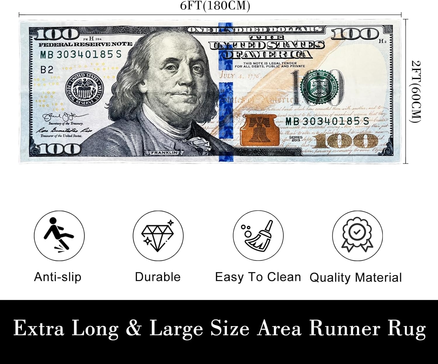 Hundred Dollar Bills Runner Rug 2x6,100 Bill USA Money Throw Accent Area Rug Large Floor Carpets Mat Non Slip Washable Runner Carpet for Entryway Hallway Laundry Bathroom Kitchen Bedroom Living Room