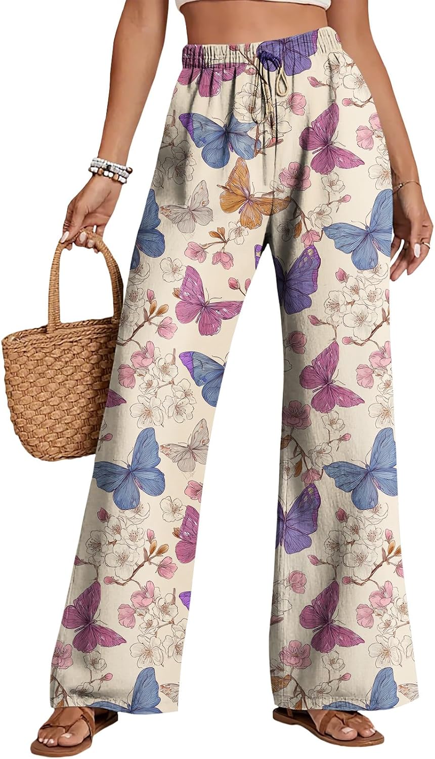 Womens Butterfly Print Pants Summer Casual Drawstring Waist Pants Floral Dragonfly Graphic Trousers Lightweight