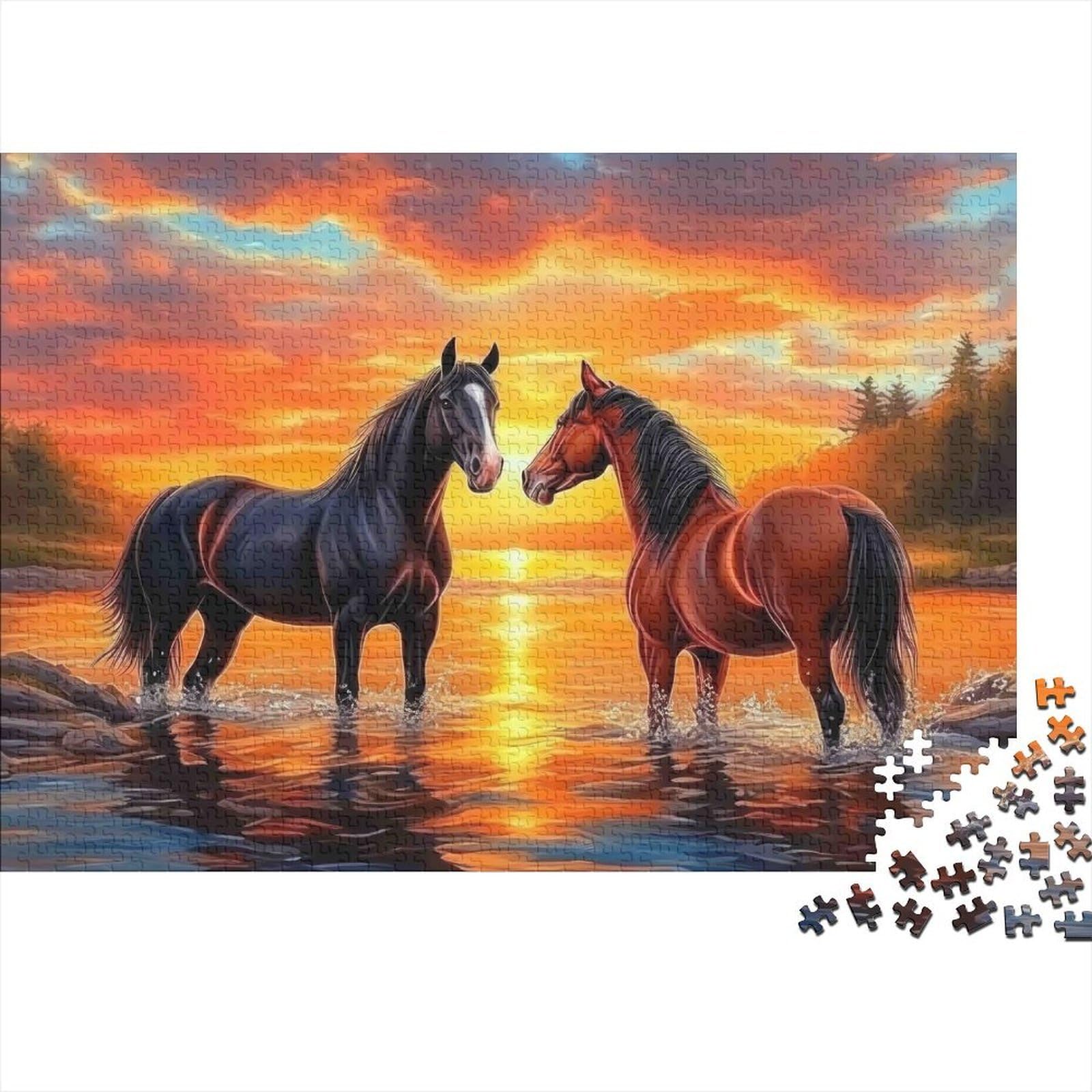 Horses Sunset Water Recycled Cardboard Jigsaw Horses Sunset Puzzle Stress Relief Brainteasing Unique Challenging for Adults Educational Games 38x26cm/1000pcs — image 1