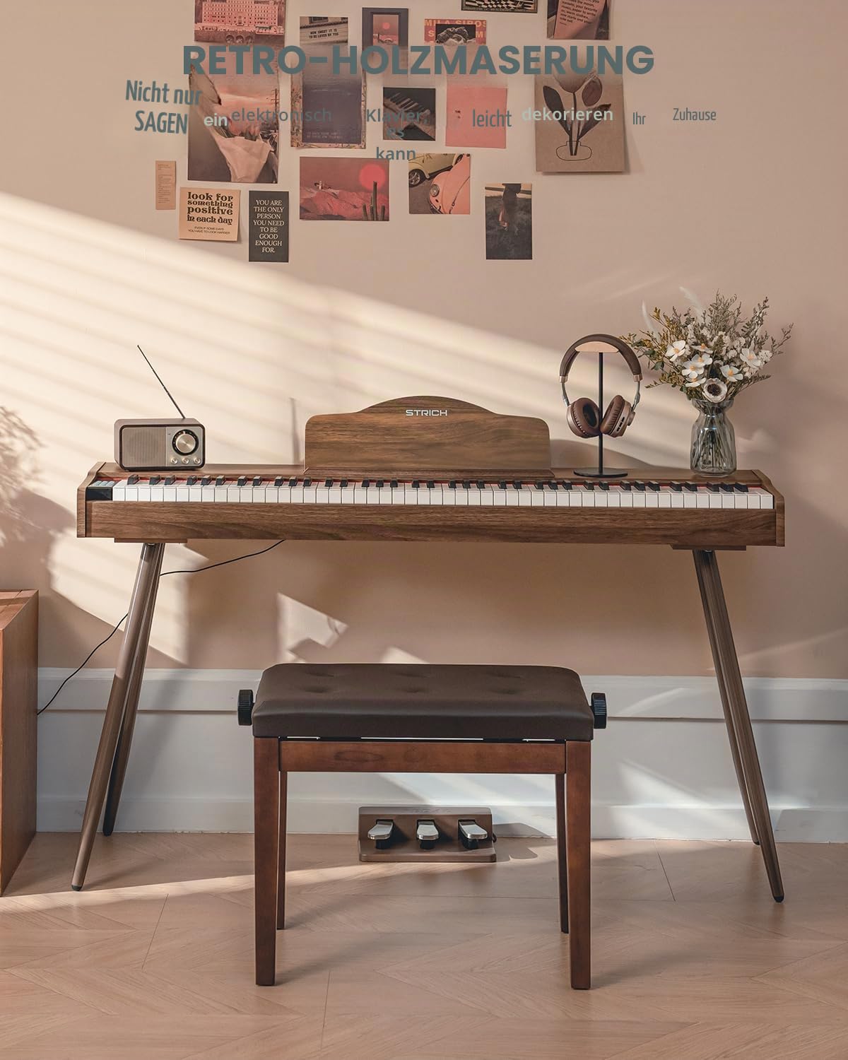 STRICH Digitalpiano 88 Tasten, Hammermechanik-Tastatur in voller Größe, E-Piano mit Ständer, 25W×2 Lautsprecher, unterstützt USB-MIDI & kabellose Verbindung, Modell SDP-300S(Walnussholz)