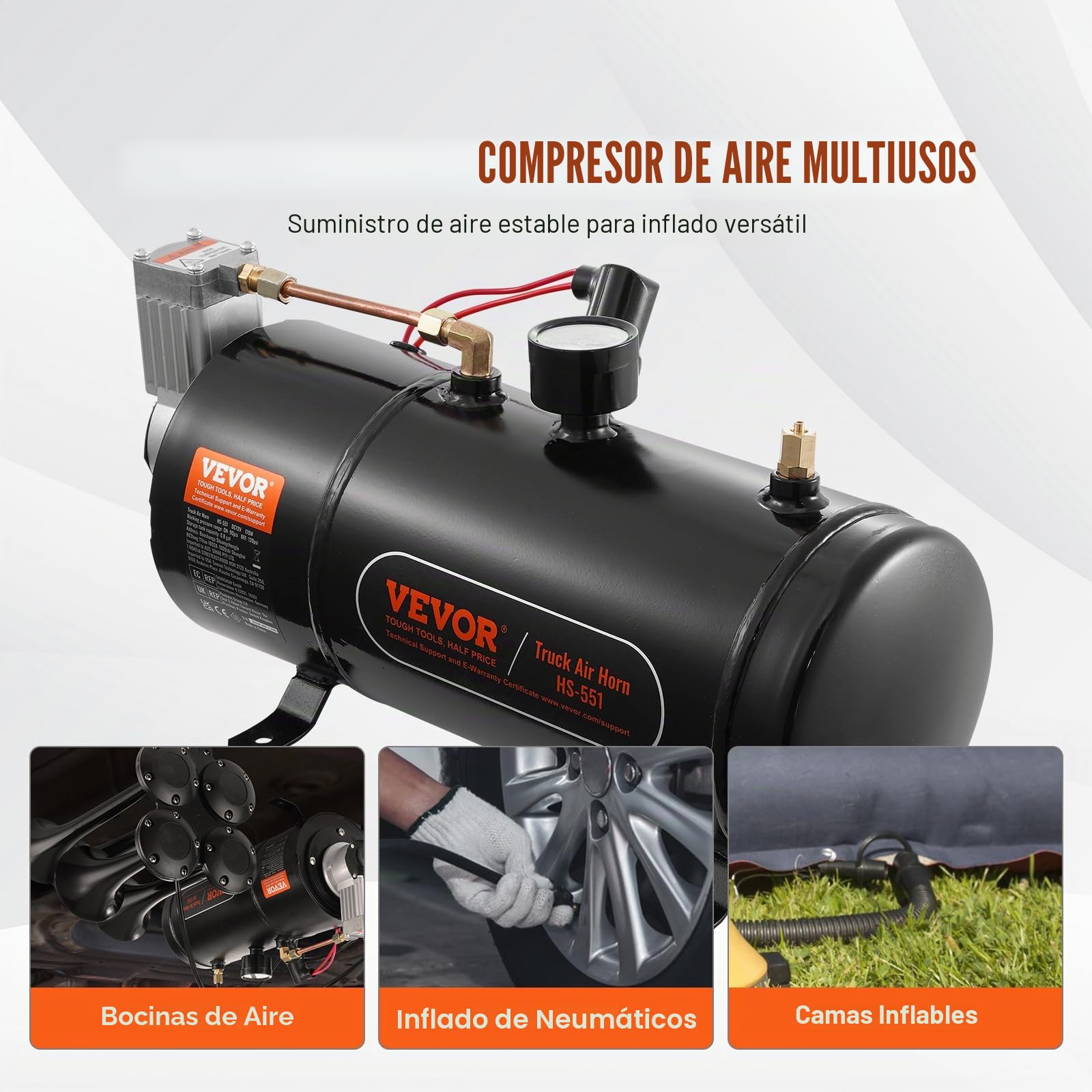VEVOR Compresor de Aire para Kit de Bocina 90-120 psi Bomba de Aire con Tanque de 3 L para Inflar Neumáticos Colchones de Aire Compatible con Todos los Vehículos de 12 V Trenes Barcos Coches Taller