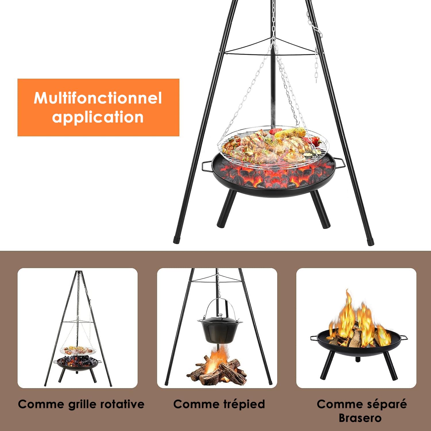 Brasero exterieur avec Gril Suspendu, Ø60cm, Gril Pivotant Barbecue, 200 cm Chaîne Réglable en Hauteur et 152cm Trépied