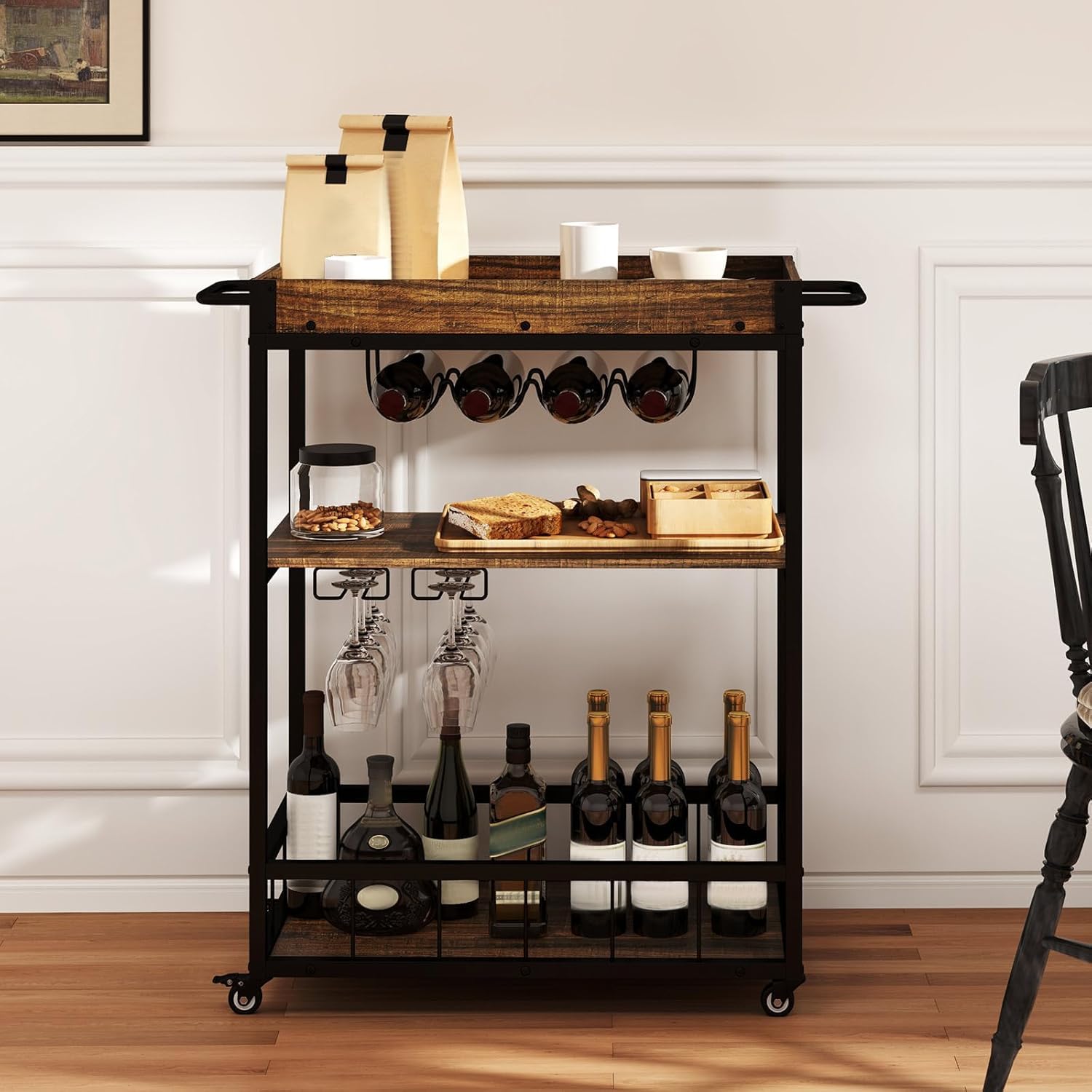 RELAX4LIFE Carrello Bar a 3 Livelli con Vassoio Rimovibile, Portabottiglie e Porta Bicchieri, Carrello su Ruote con Manico per Sala da Pranzo e Soggiorno
