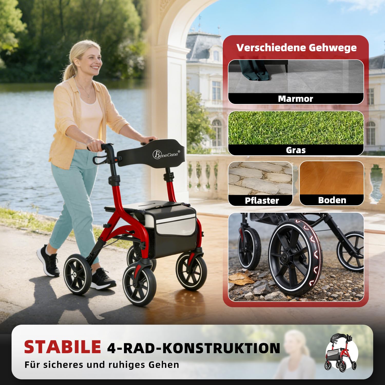 BeneCane Rollatoren Outdoor, Rollator Faltbar und Leicht mit Sitz, Aufstehhilfe, Gehhilfe für Senioren, Leicht Klappbar, Höhenverstellbar, Reiserollator mit Sitzfläche, Rückengurt, Tasche, Gehwagen