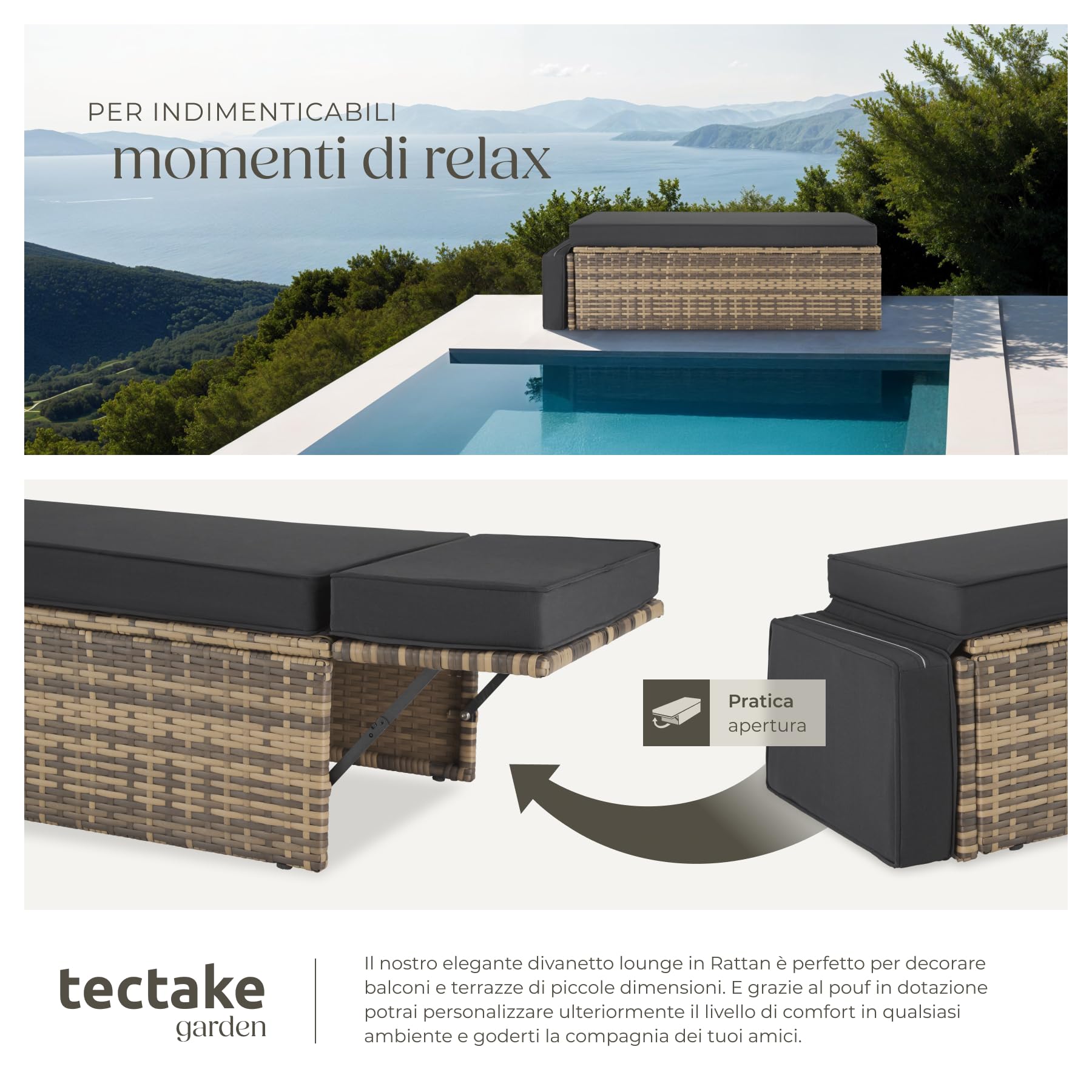 tectake® Divano Lounge in Rattan Corfù, Componibile, Pouf con Sostegno Pieghevole, Cuscini Spessi, Telaio in Acciaio Verniciato, Alta Qualità, Comfort Superiore - Naturale