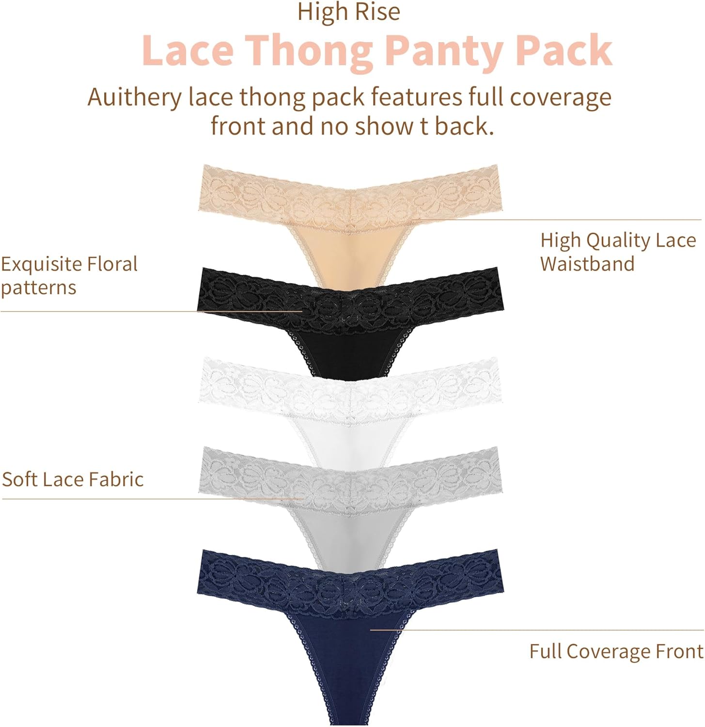 Thongs for Women Sexy Lace Cotton Panties Tummy Control G String Thong High Rise Underwear Size XS-4XL Pack 5 - Image 3