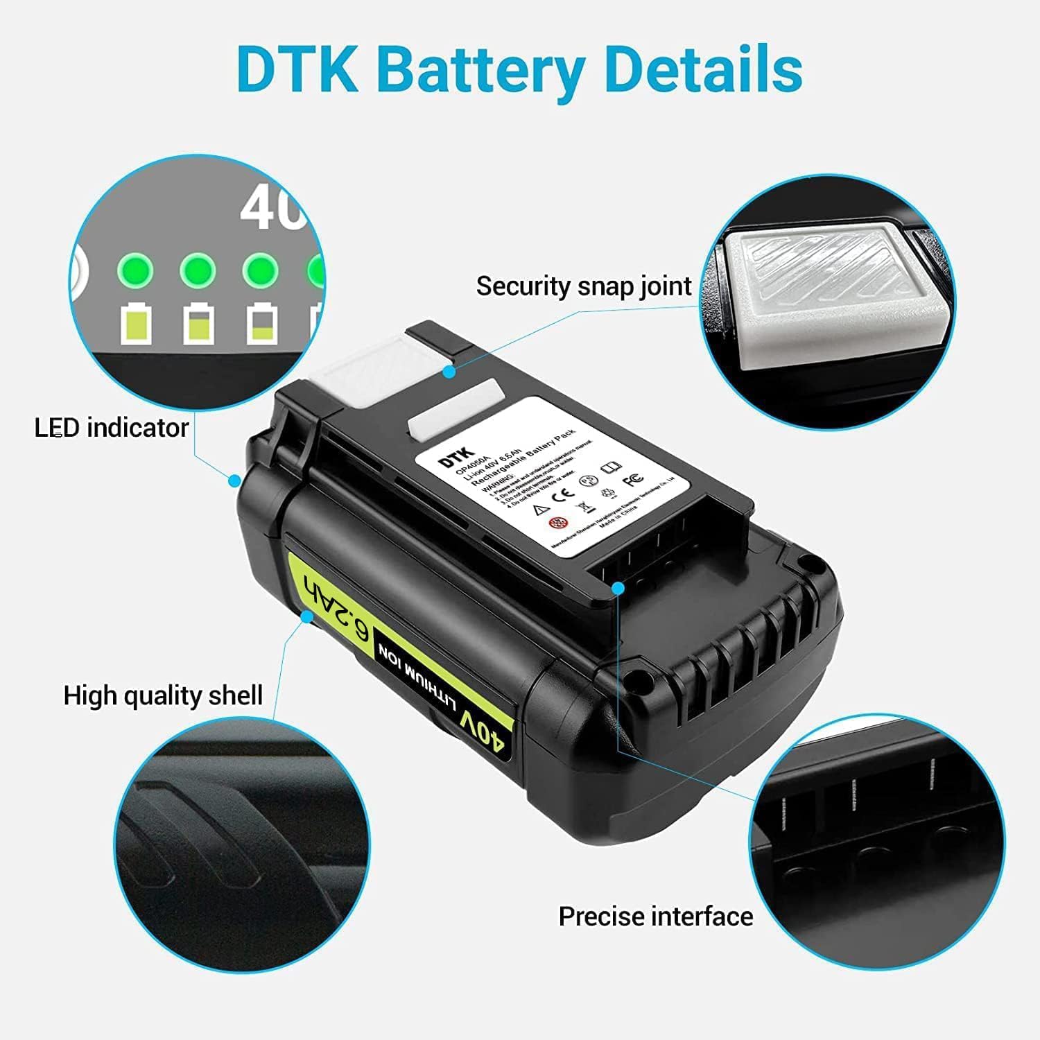 DTK Battery Replacement for Ryobi 40V Battery 6.2Ah OP4040 OP4026 OP4030 OP4050 OP4060A Compatible with Ryobi 40Volt Cordless Tool Lithium ion Battery Packs